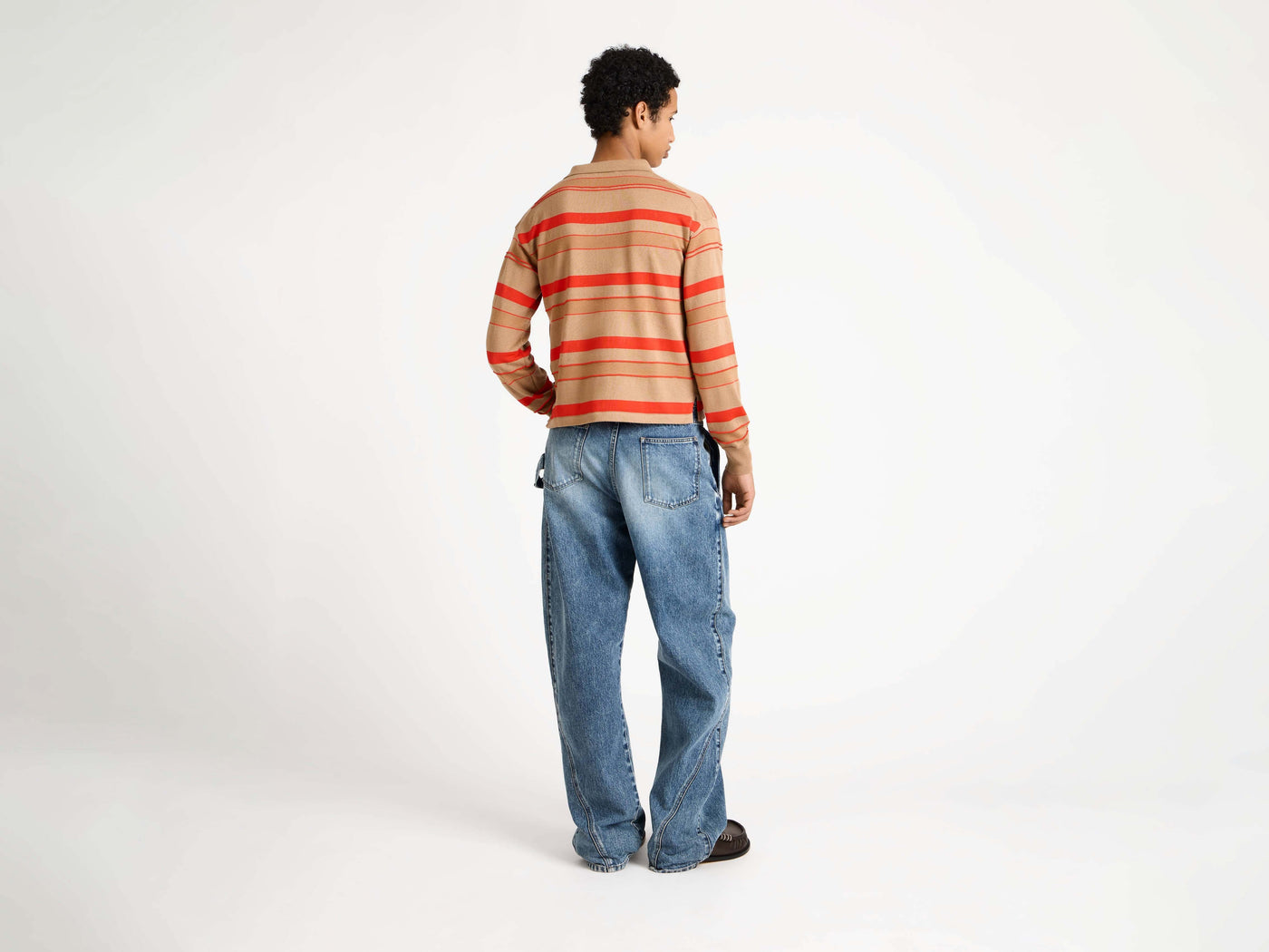 KNITTED STRIPED RUGBY POLO TOP IN BISCUIT