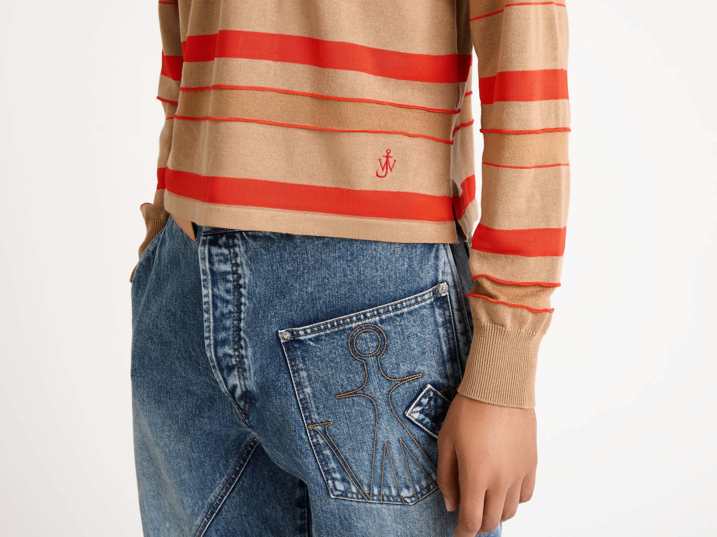 KNITTED STRIPED RUGBY POLO TOP IN BISCUIT