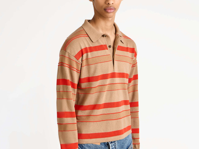 KNITTED STRIPED RUGBY POLO TOP IN BISCUIT