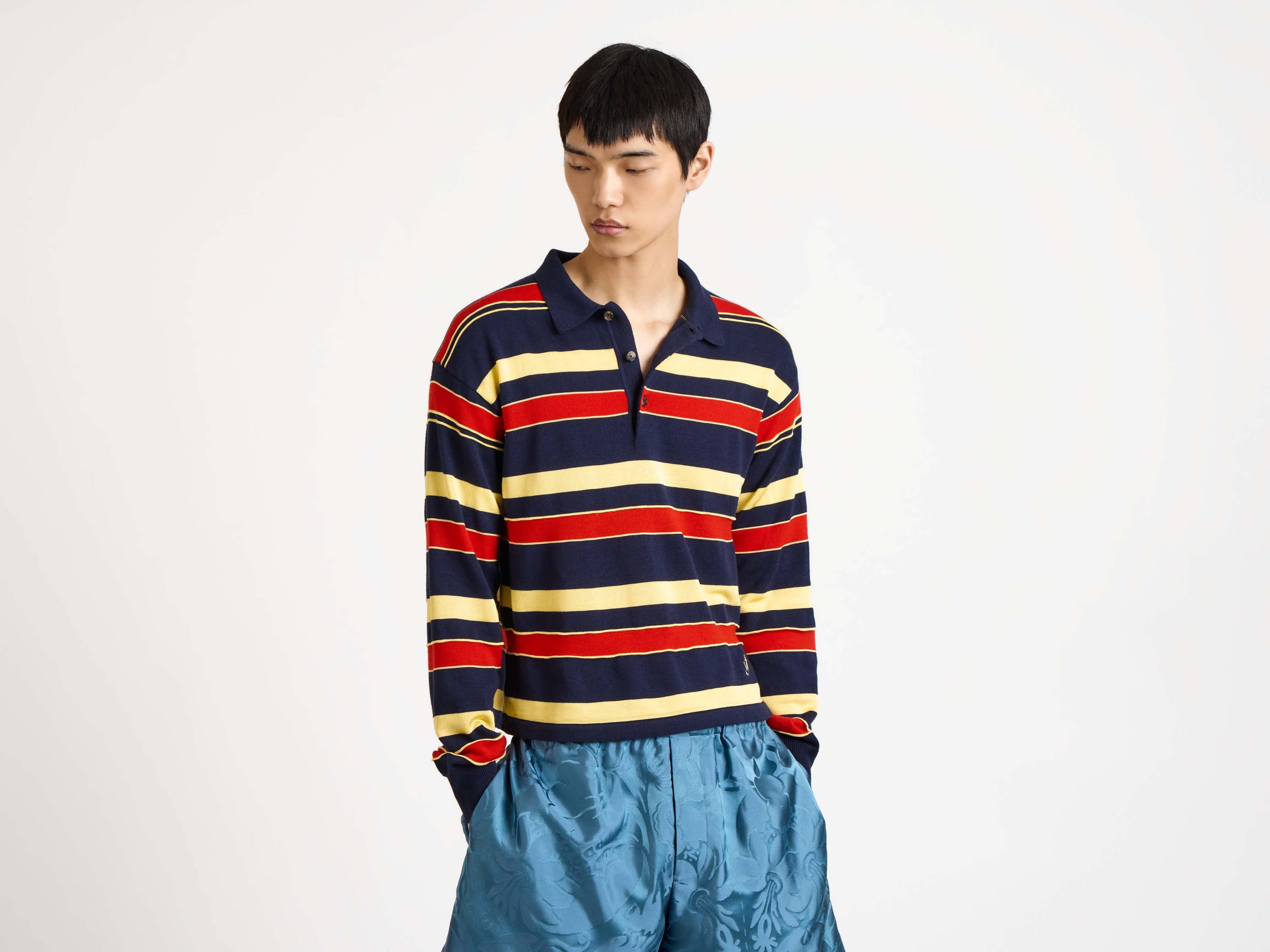 MENS KNITTED STRIPED RUGBY POLO TOP IN NAVY in NAVY
