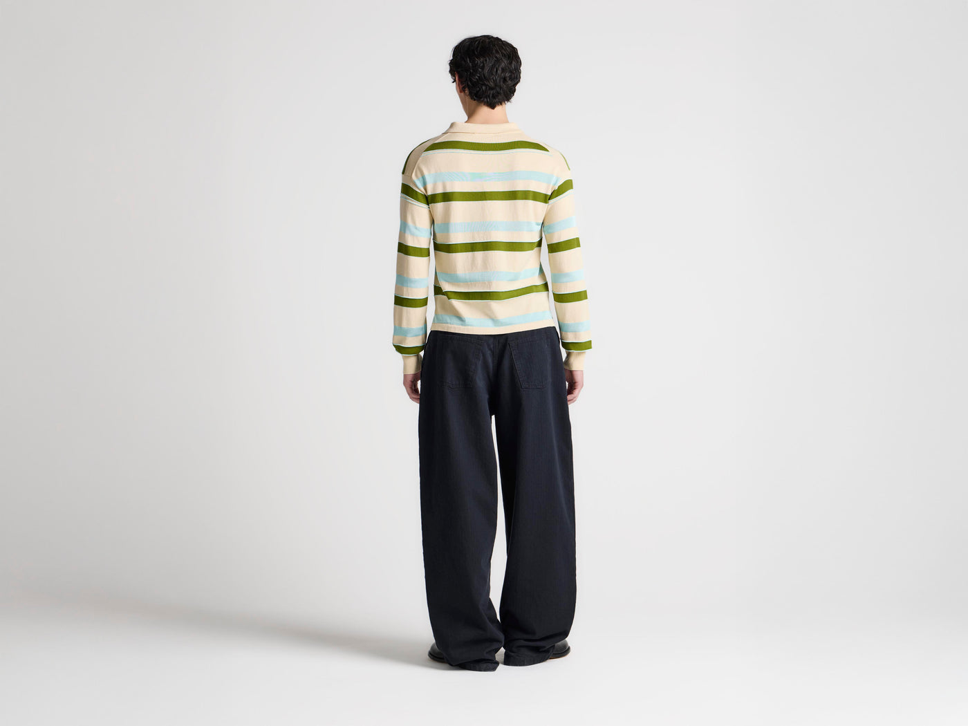 MENS KNITTED STRIPED RUGBY POLO TOP IN IVORY