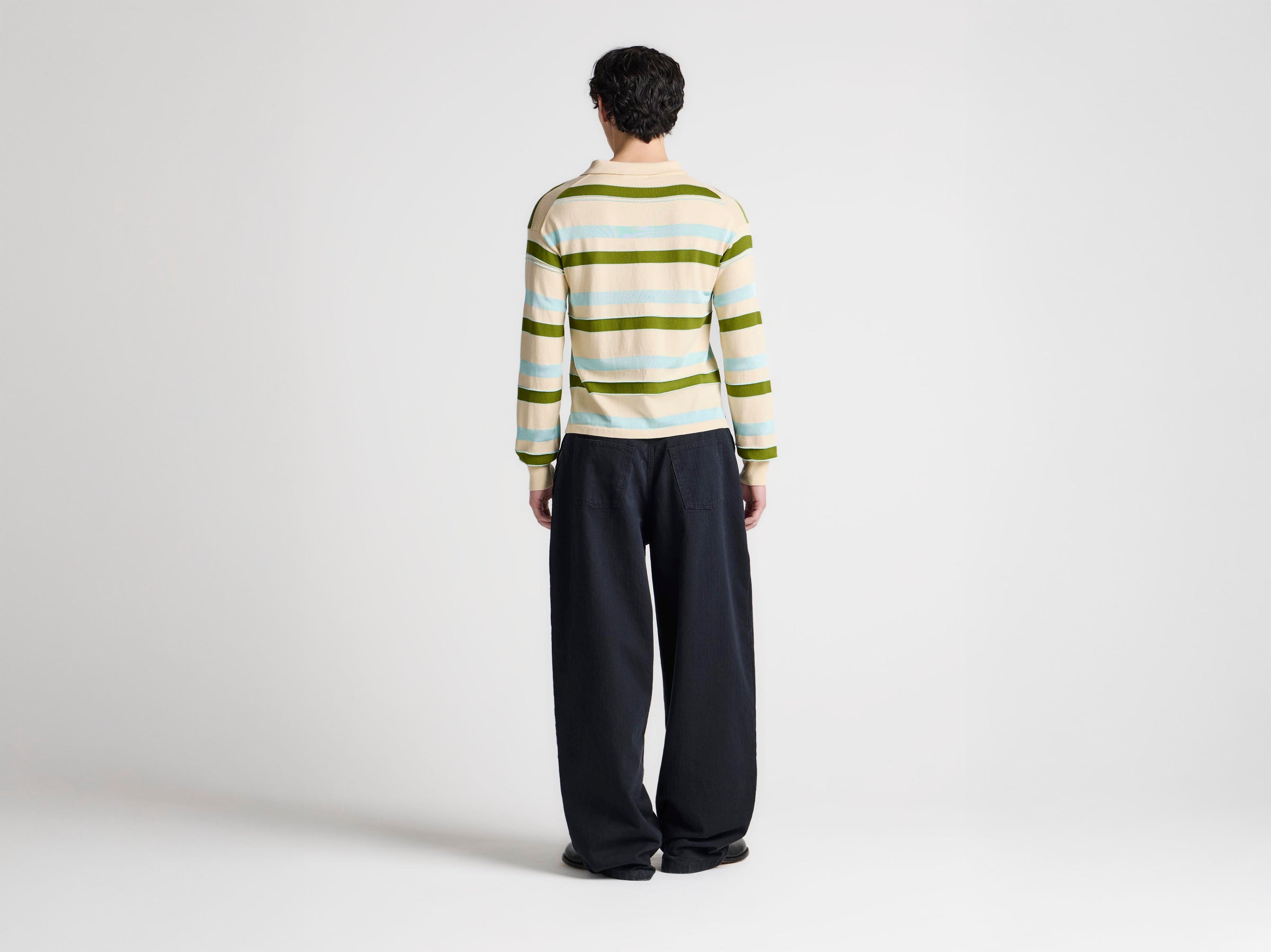 MENS KNITTED STRIPED RUGBY POLO TOP IN IVORY