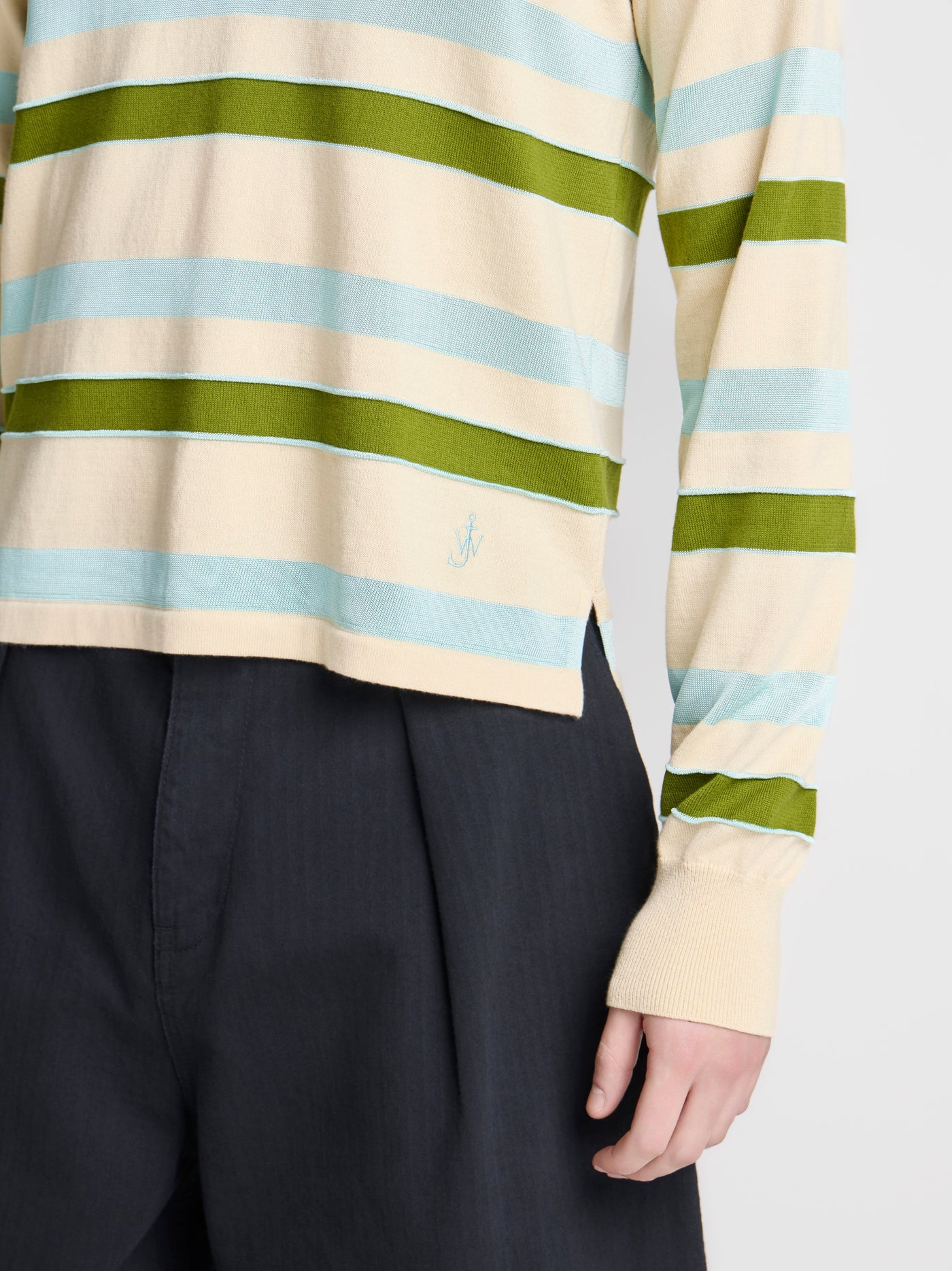 MENS KNITTED STRIPED RUGBY POLO TOP IN IVORY