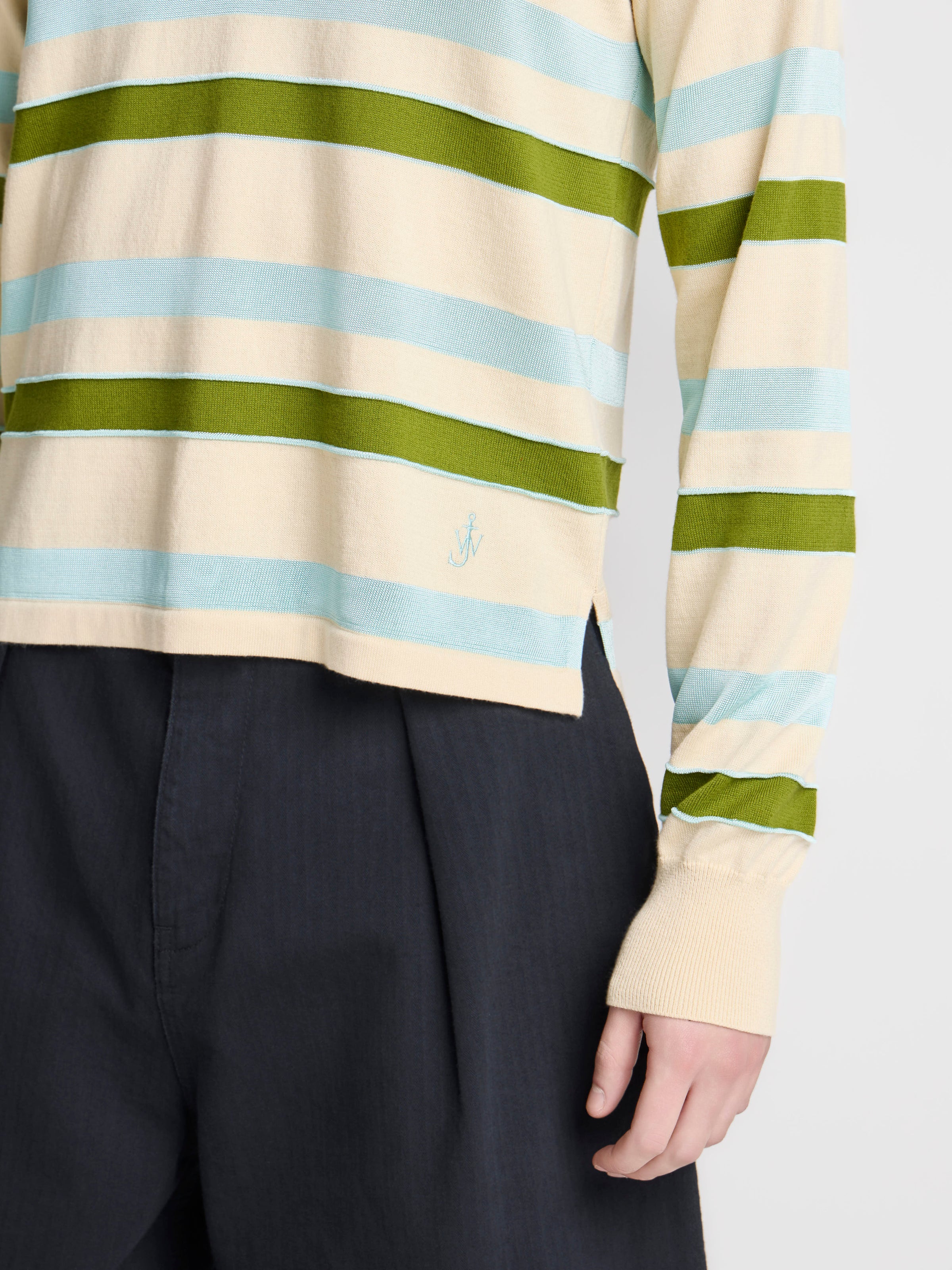 MENS KNITTED STRIPED RUGBY POLO TOP IN IVORY