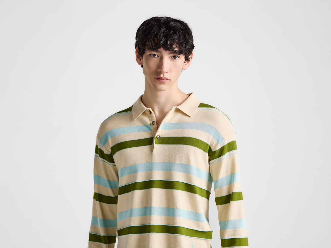 MENS KNITTED STRIPED RUGBY POLO TOP IN IVORY
