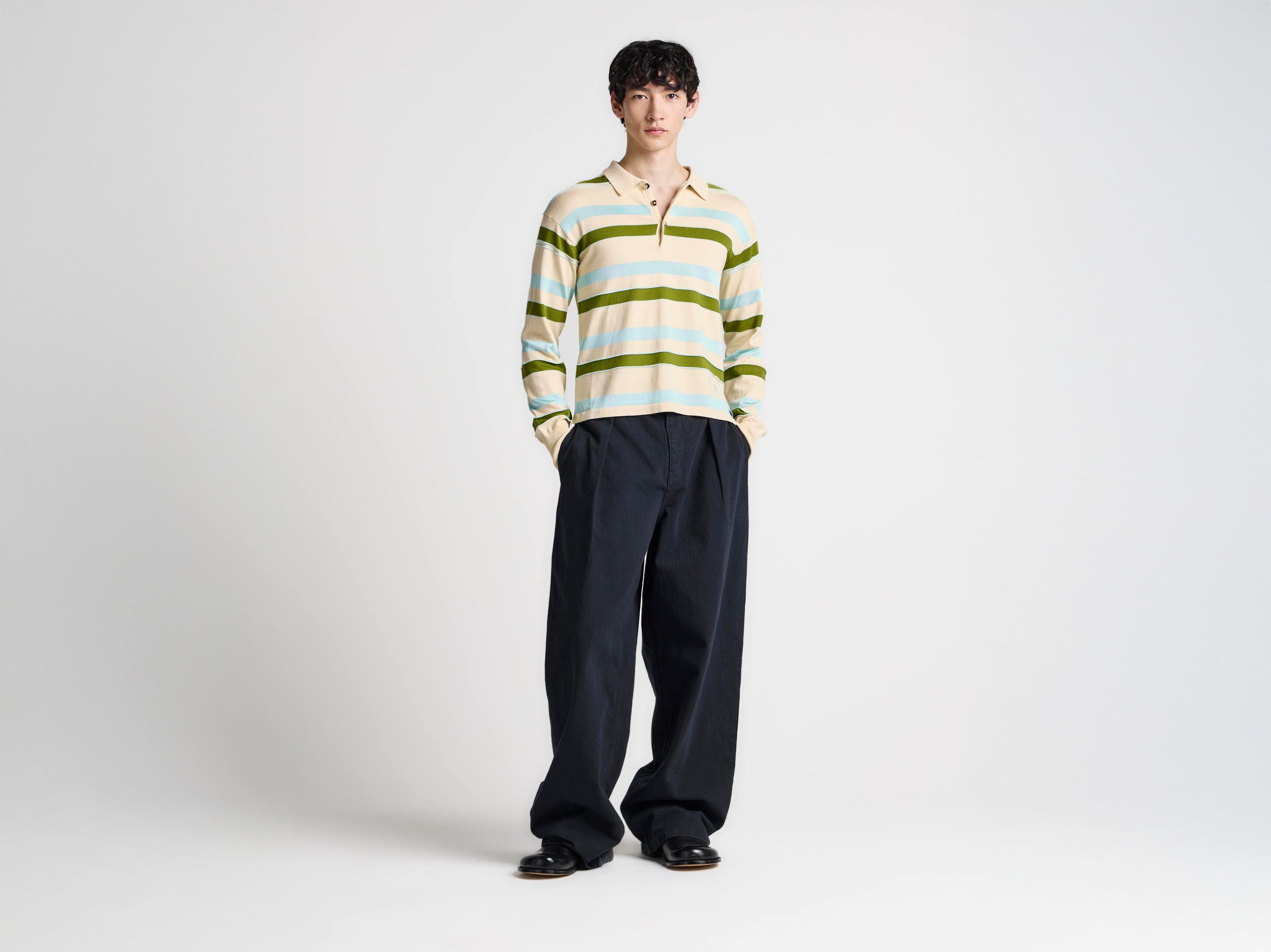 MENS KNITTED STRIPED RUGBY POLO TOP IN IVORY