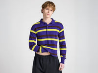 MENS KNITTED STRIPED RUGBY POLO TOP IN ULTRAVIOLET