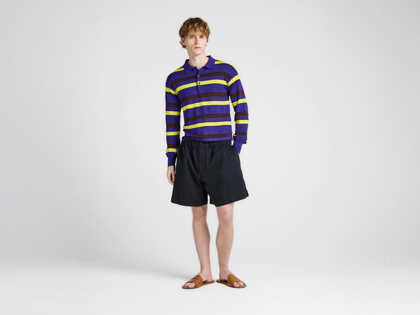 MENS KNITTED STRIPED RUGBY POLO TOP IN ULTRAVIOLET