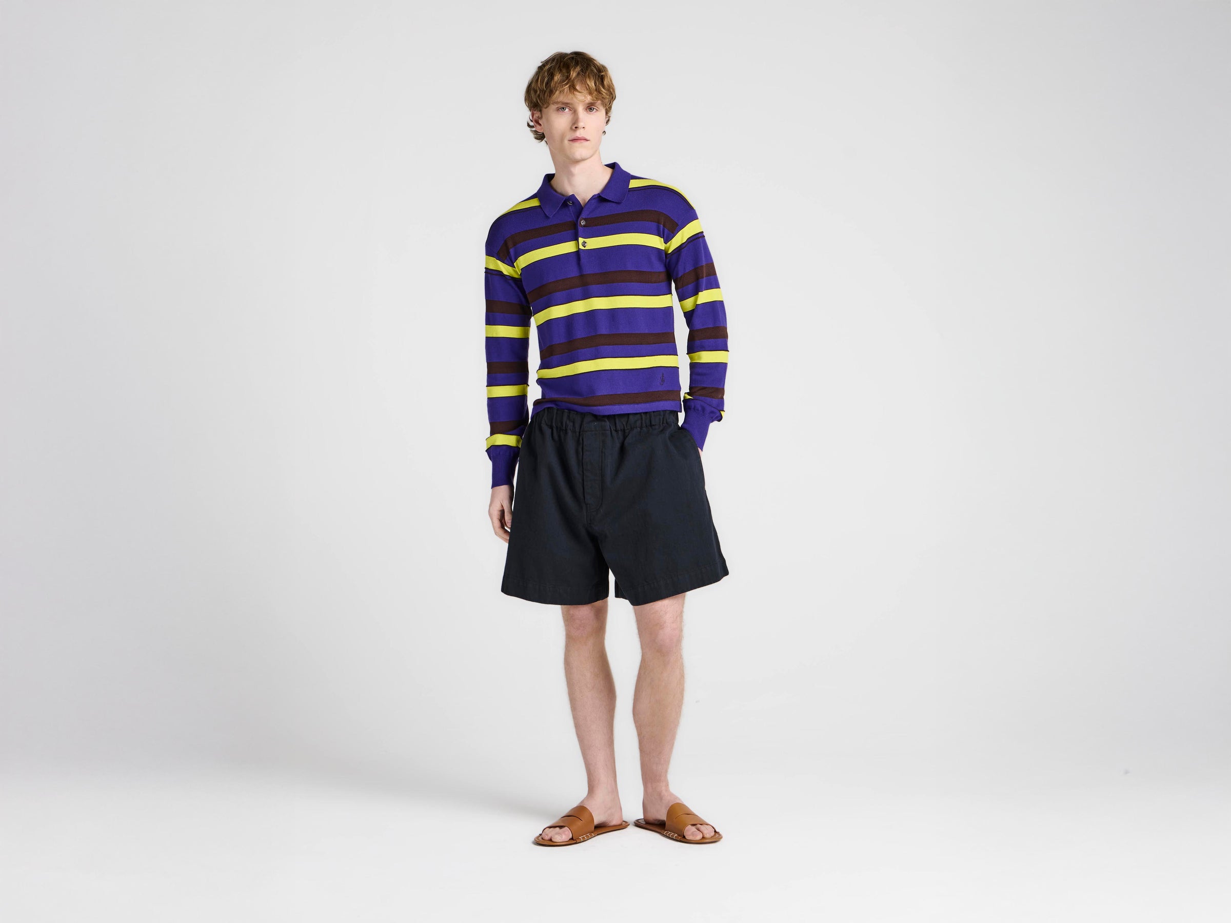 MENS KNITTED STRIPED RUGBY POLO TOP IN ULTRAVIOLET