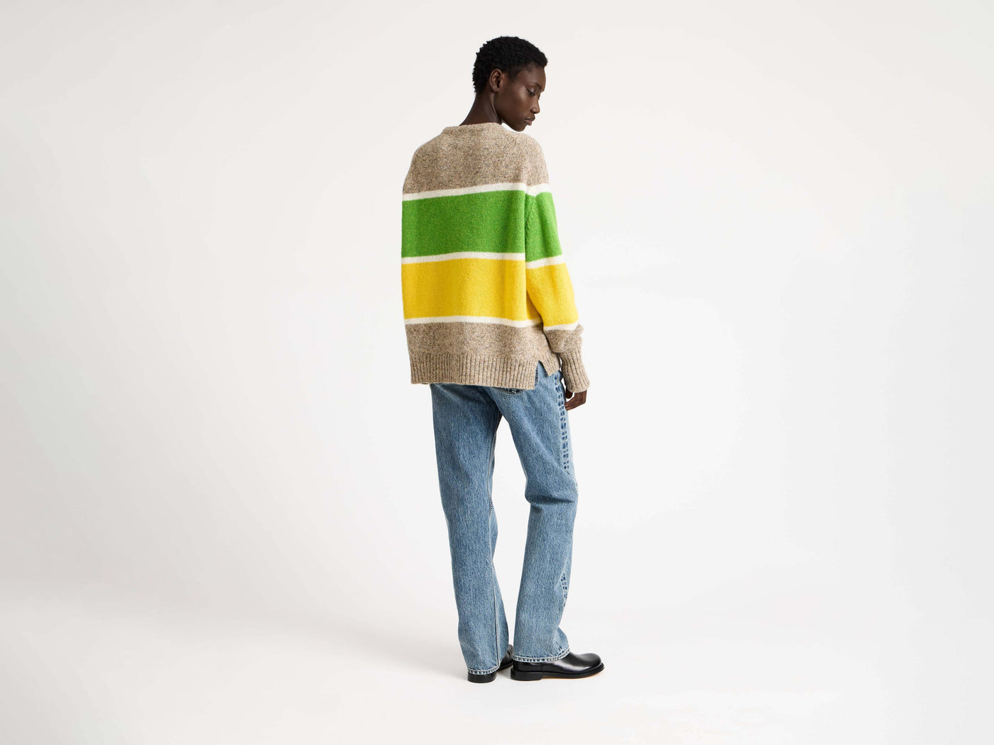 CONTRAST STRIPED CREW NECK JUMPER IN BEIGE MELANGE
