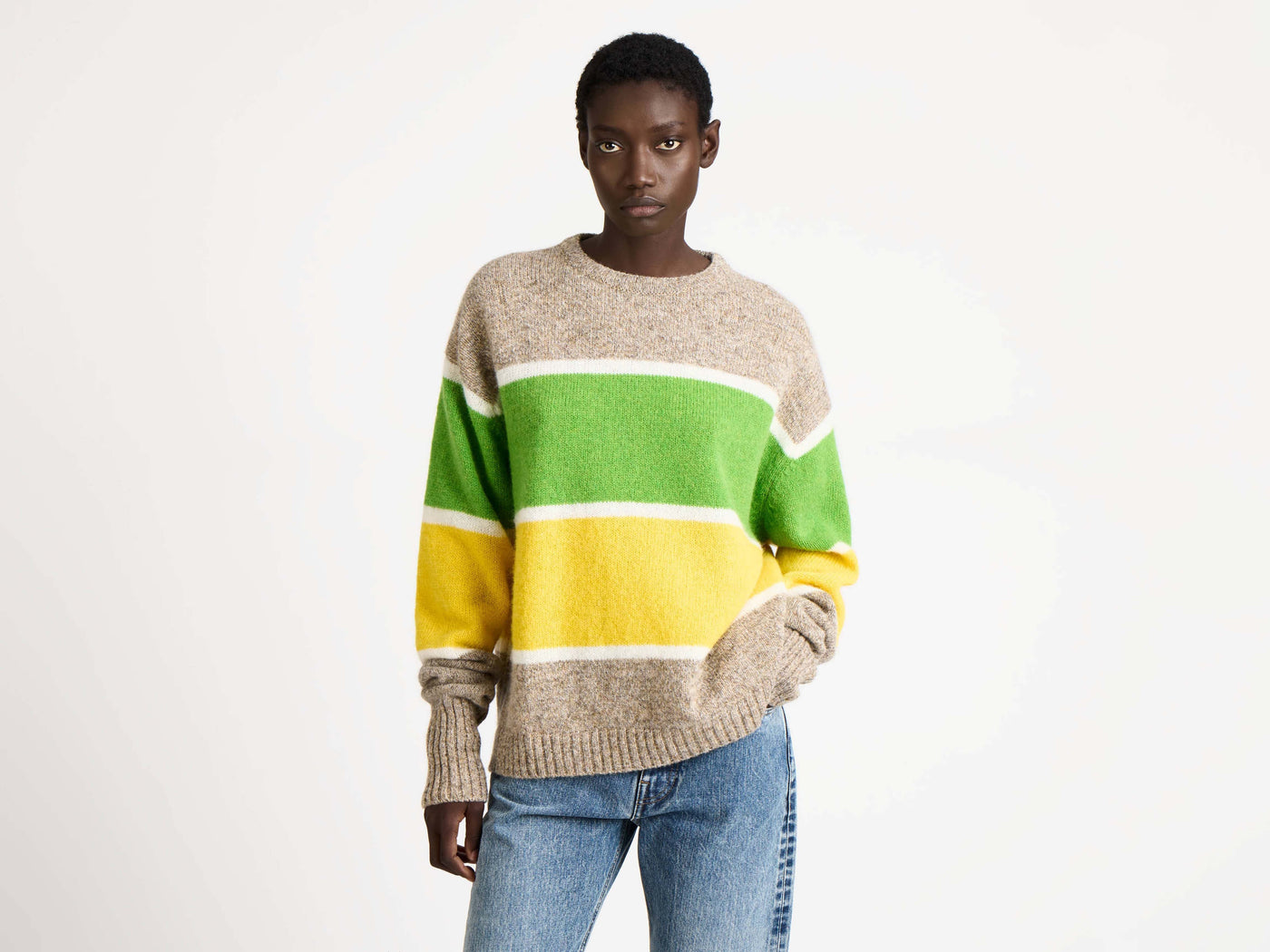 CONTRAST STRIPED CREW NECK JUMPER IN BEIGE MELANGE