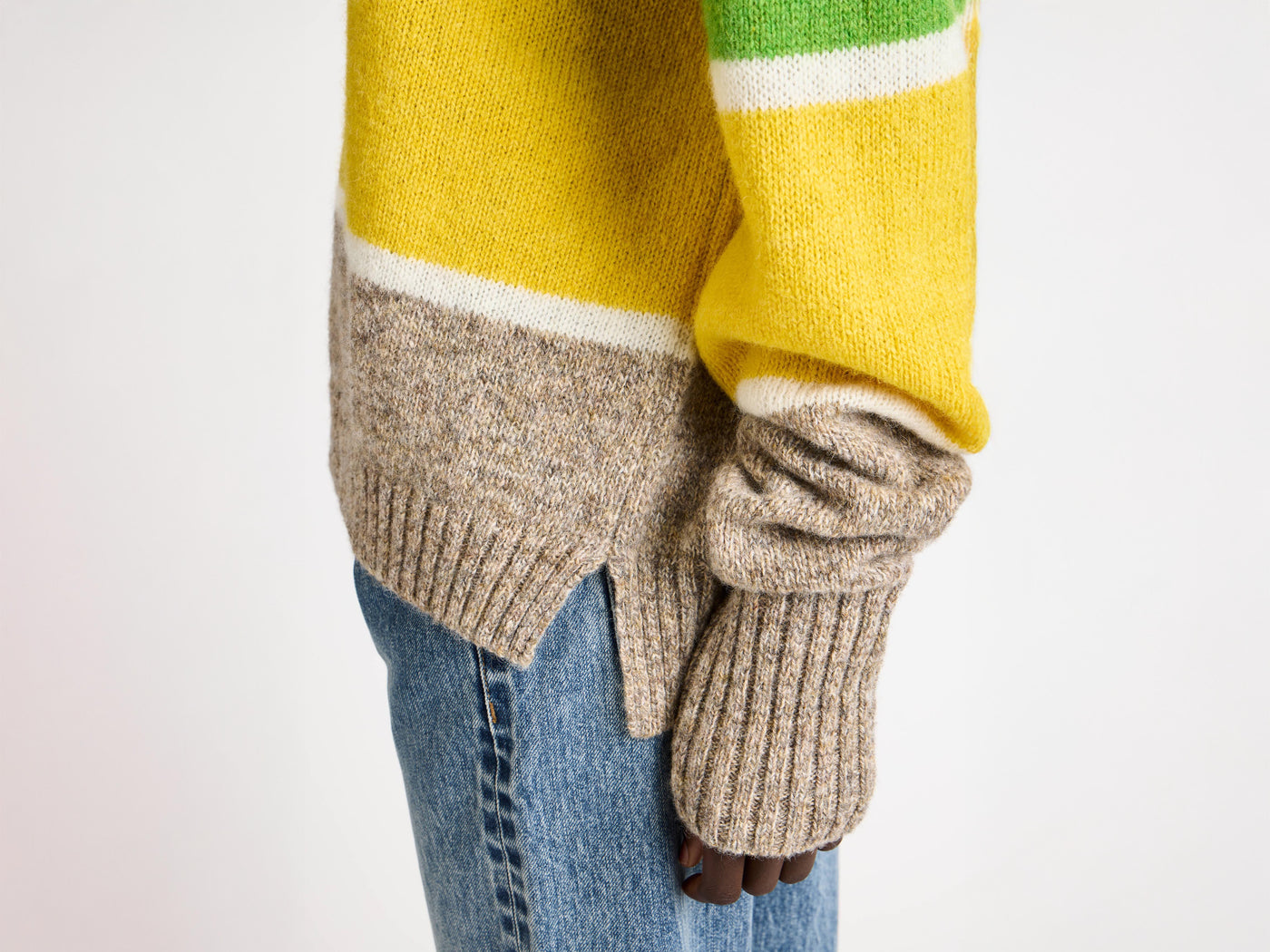 CONTRAST STRIPED CREW NECK JUMPER IN BEIGE MELANGE