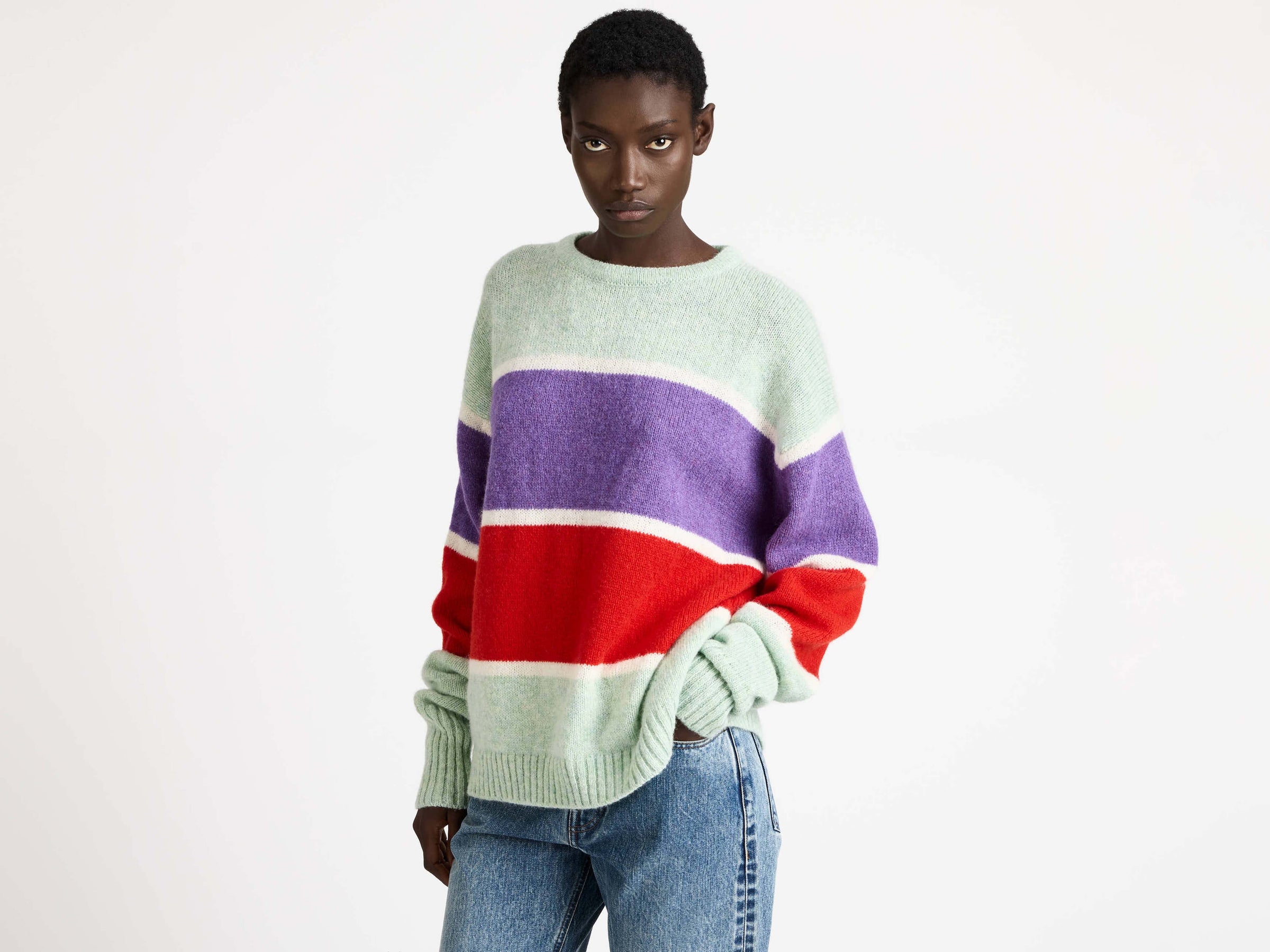 CONTRAST STRIPED CREW NECK JUMPER IN MINT