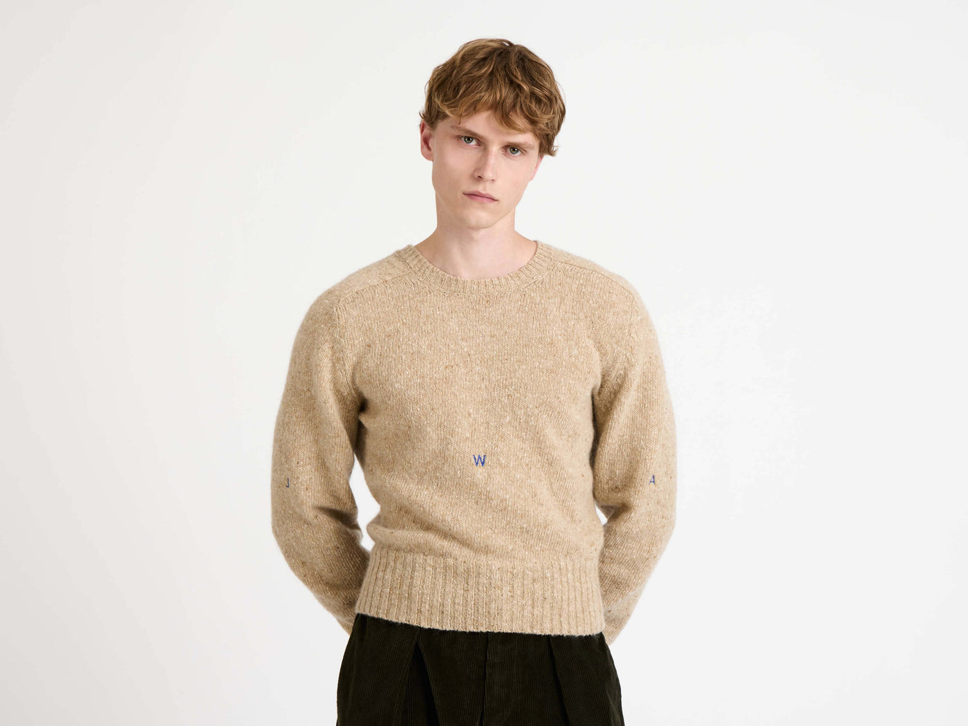 sleeve embroidered crew neck jumper oatmeal melange Model Back 3