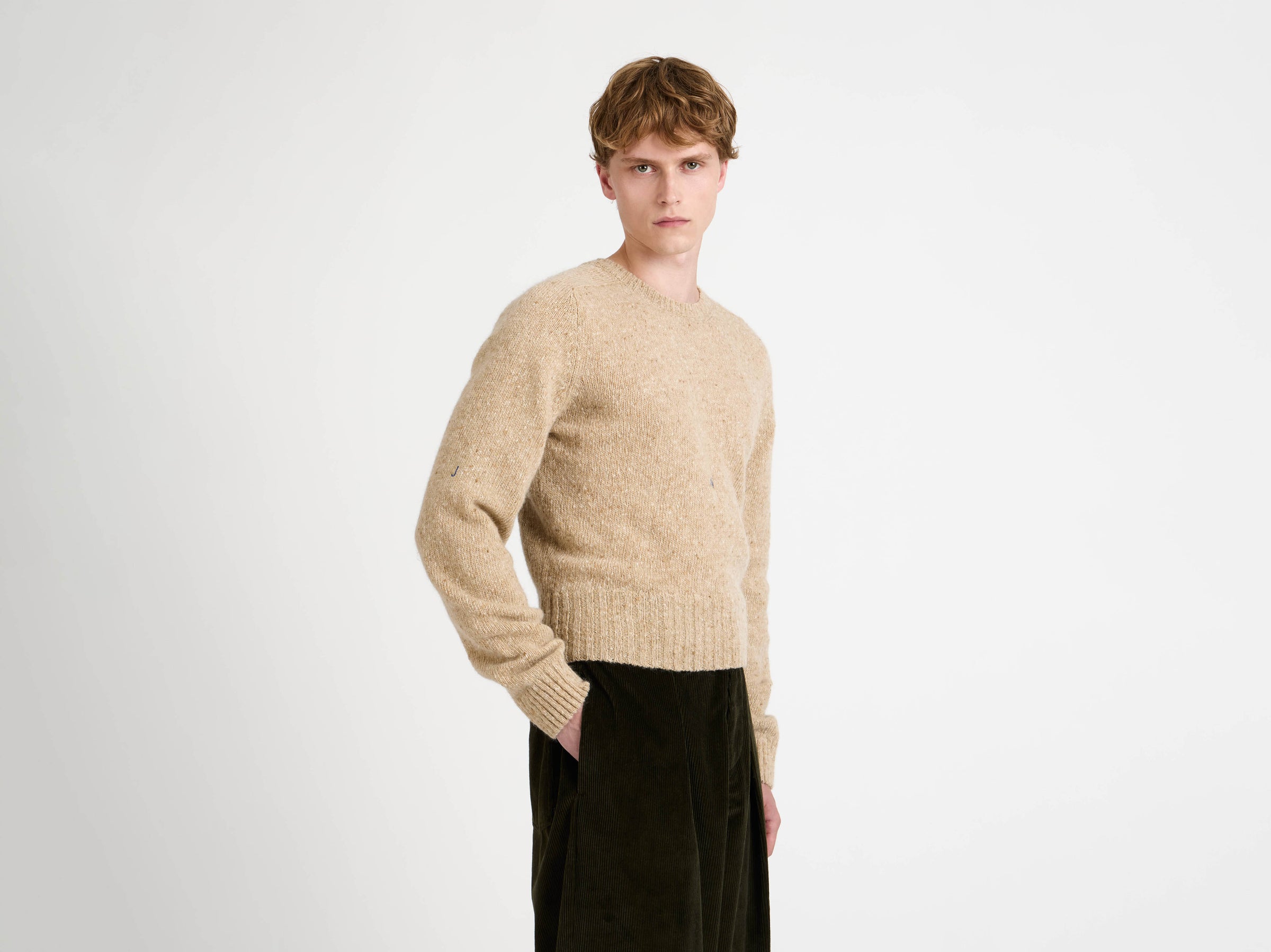 sleeve embroidered crew neck jumper oatmeal melange Model Detail 4