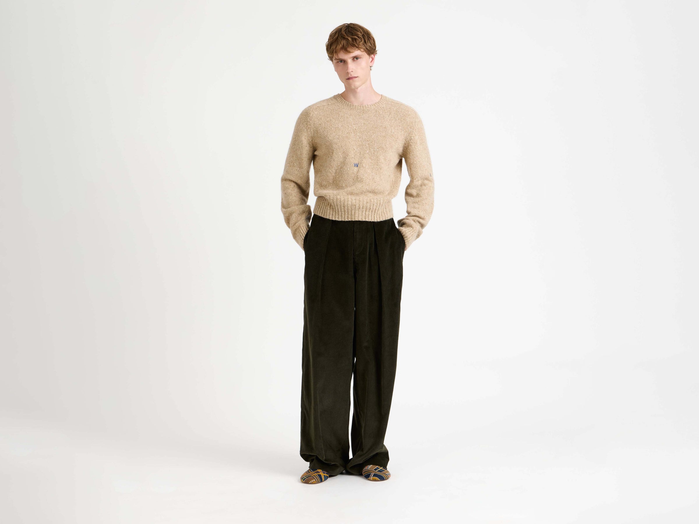 sleeve embroidered crew neck jumper oatmeal melange Model Front 5