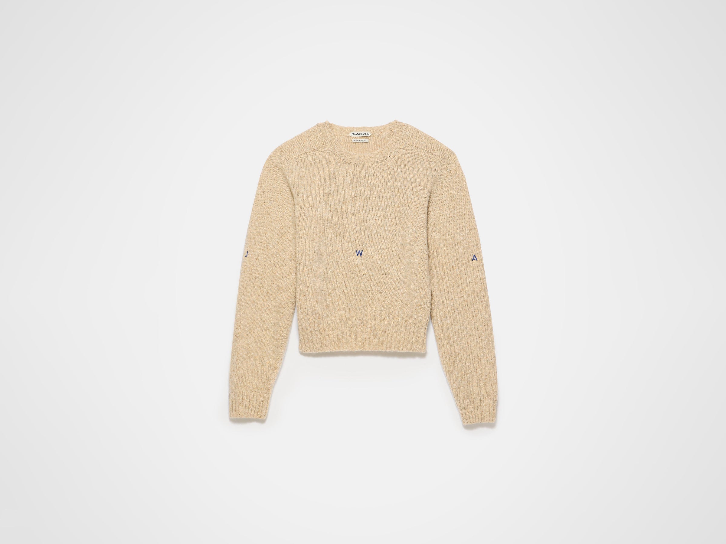 sleeve embroidered crew neck jumper oatmeal melange Product Front 6