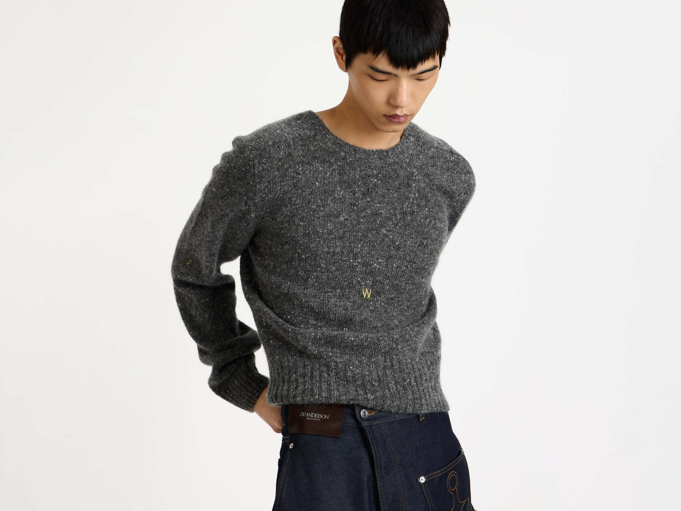 SLEEVE EMBROIDERED CREW NECK JUMPER IN CHARCOAL MELANGE