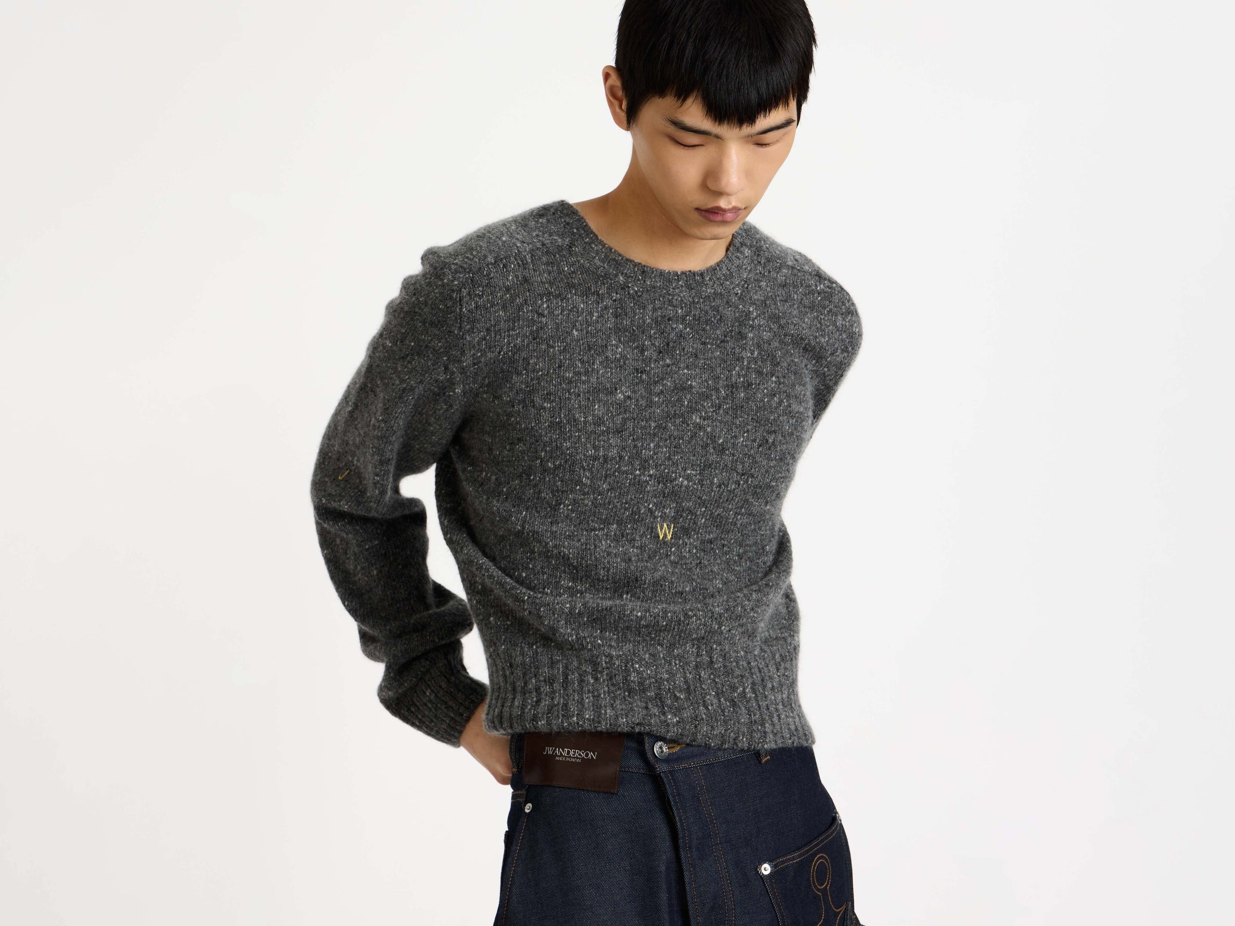 SLEEVE EMBROIDERED CREW NECK JUMPER IN CHARCOAL MELANGE