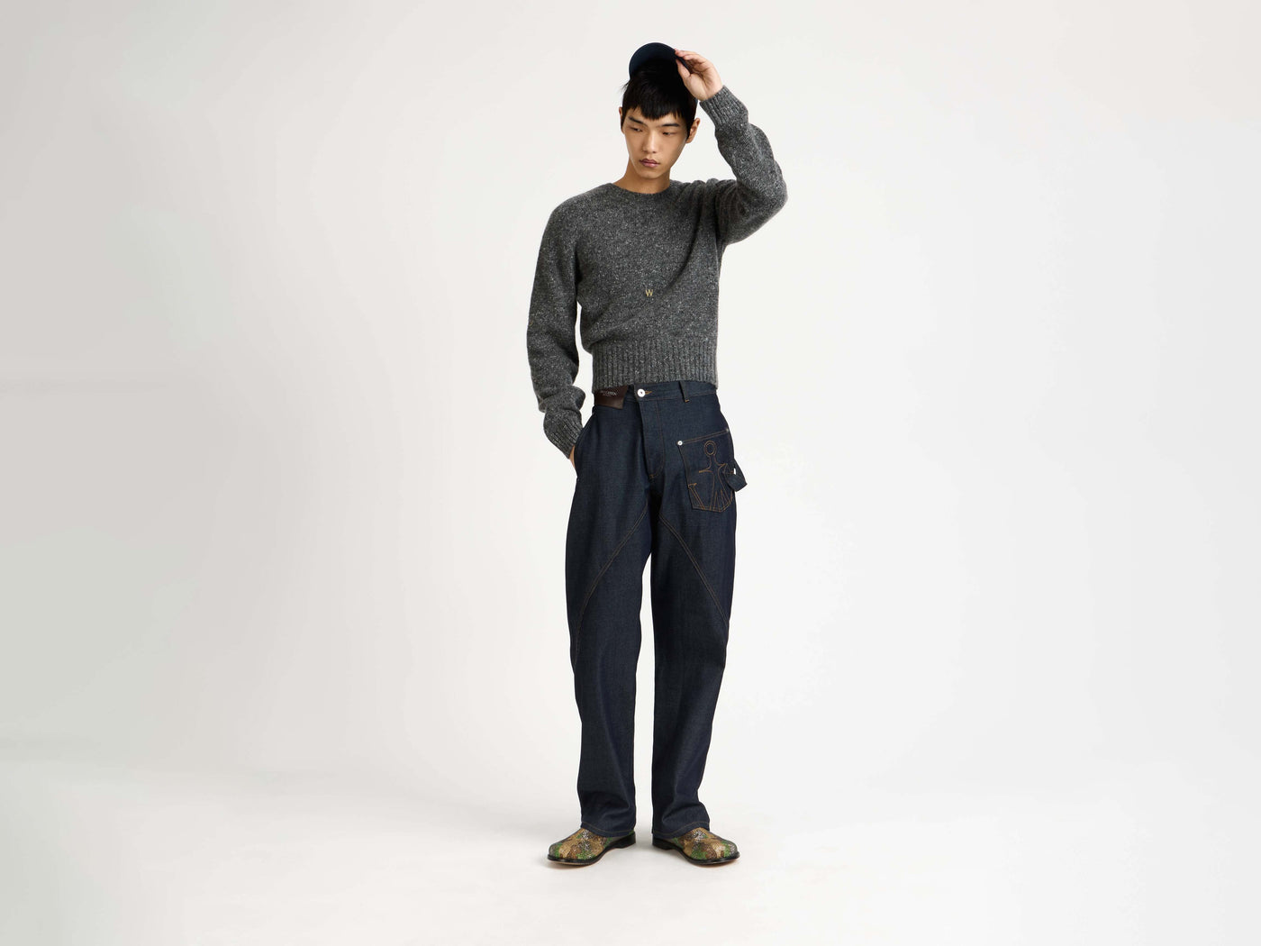 sleeve embroidered crew neck jumper charcoal melange Model Front 6