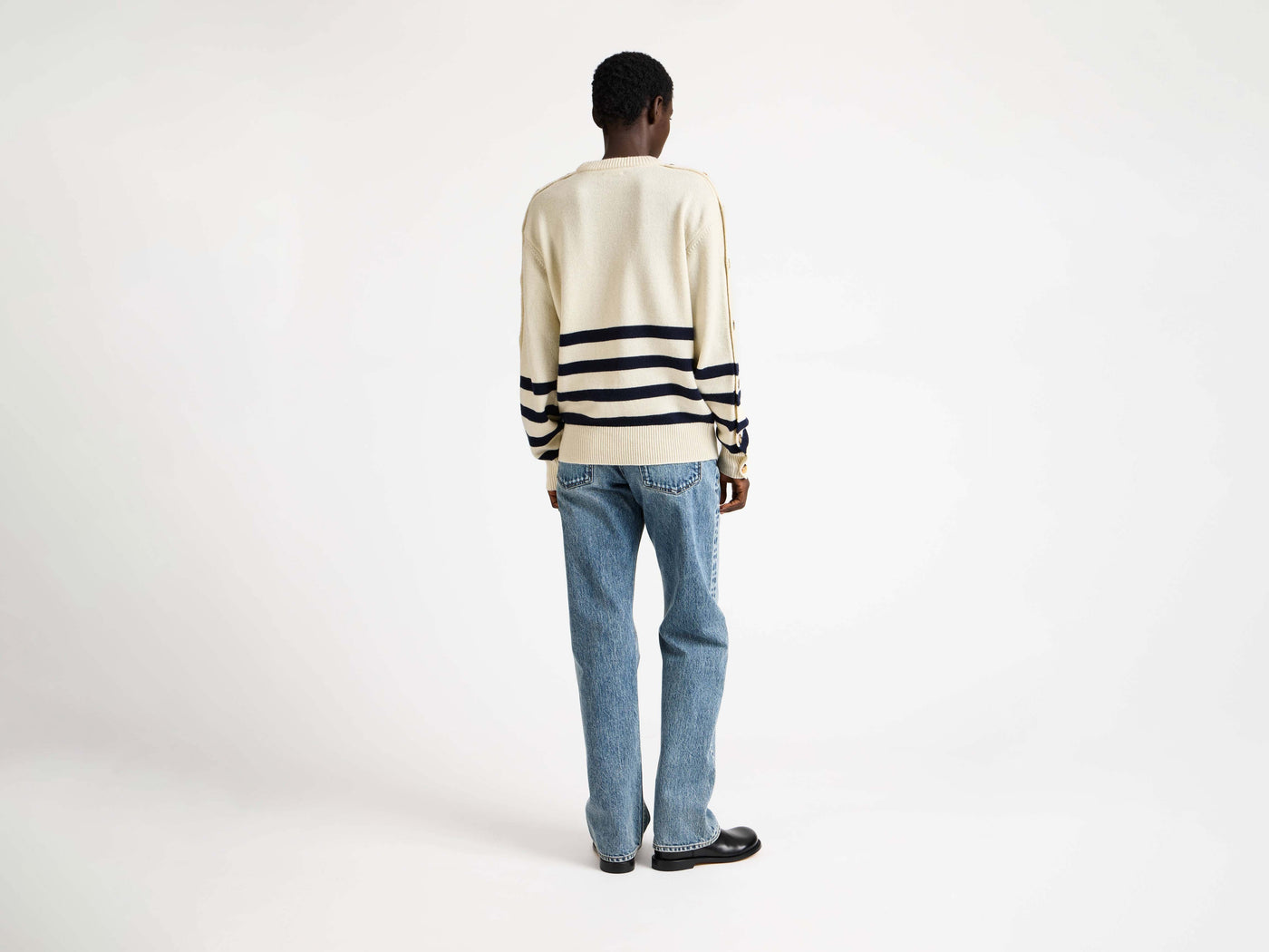 BUTTONED SLEEVE BRETON JUMPER IN IVORY