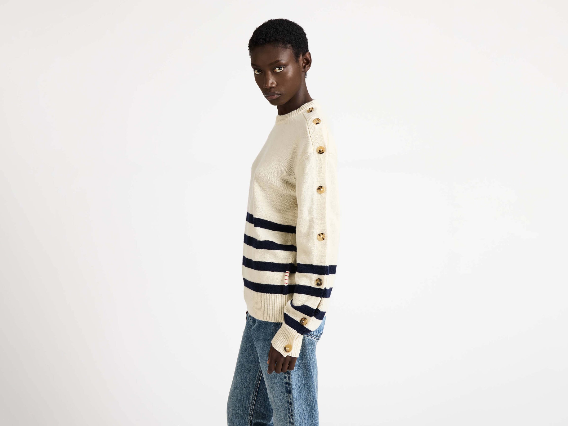 BUTTONED SLEEVE BRETON JUMPER IN IVORY