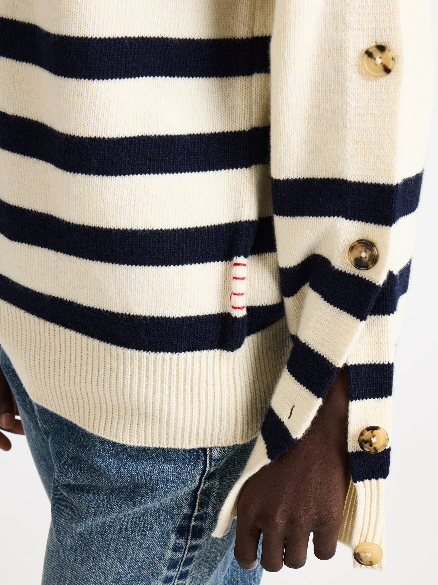 BUTTONED SLEEVE BRETON JUMPER IN IVORY