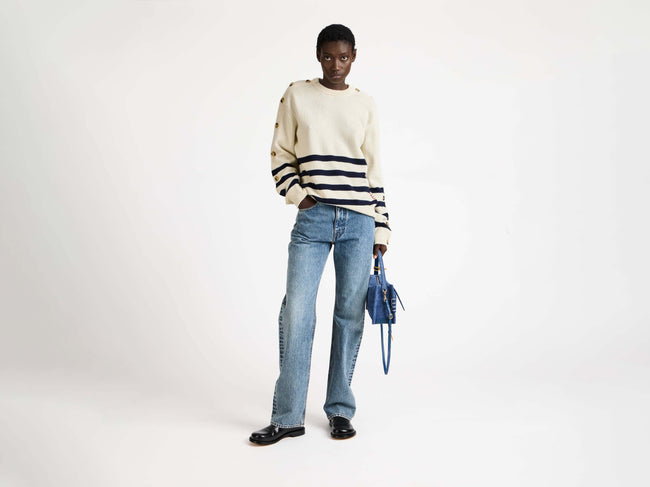 BUTTONED SLEEVE BRETON JUMPER IN IVORY