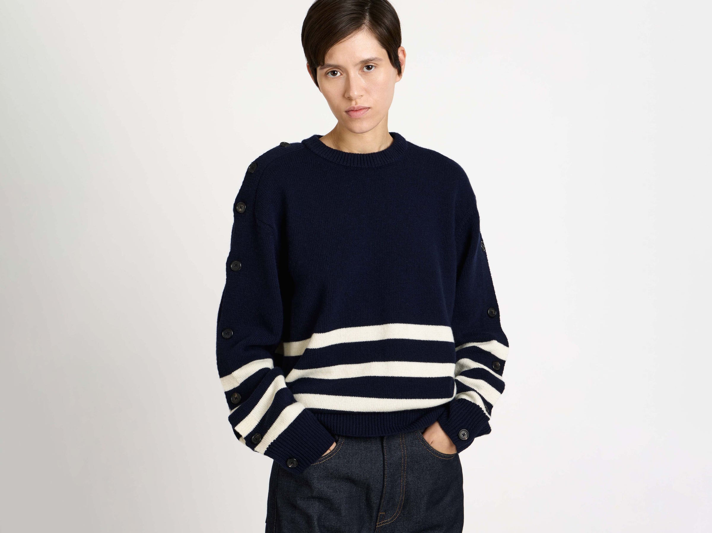 buttoned sleeve breton jumper navy 1 Model Detail 7