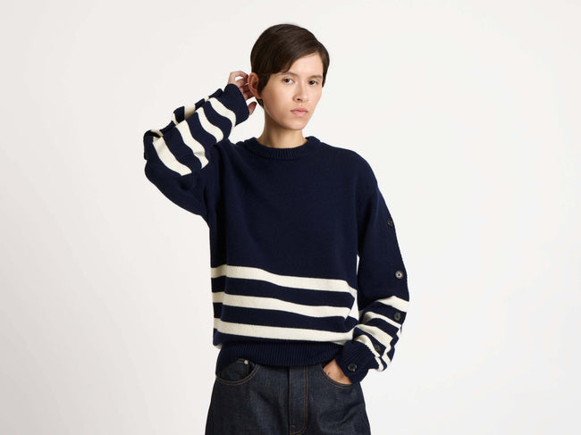 buttoned sleeve breton jumper navy 1 Model Detail 1