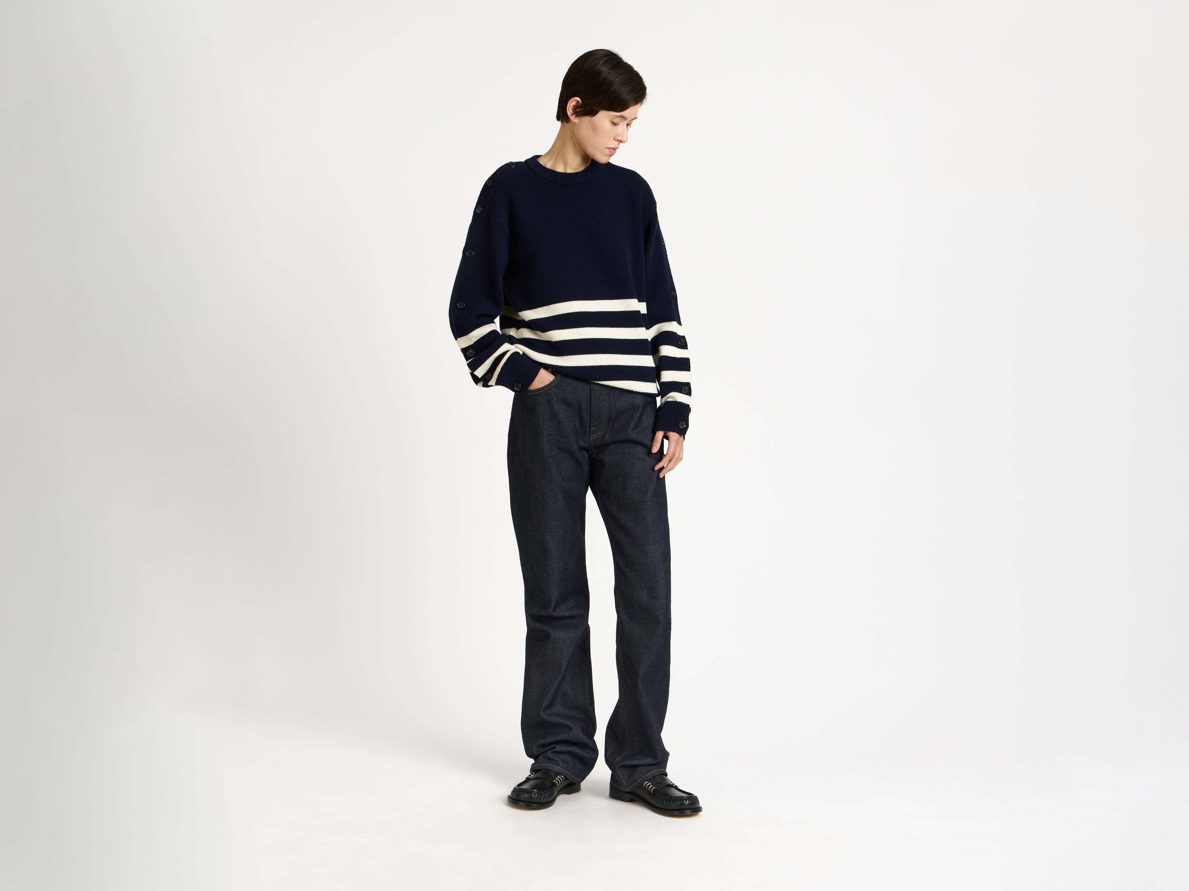 buttoned sleeve breton jumper navy 1 Model Front 3