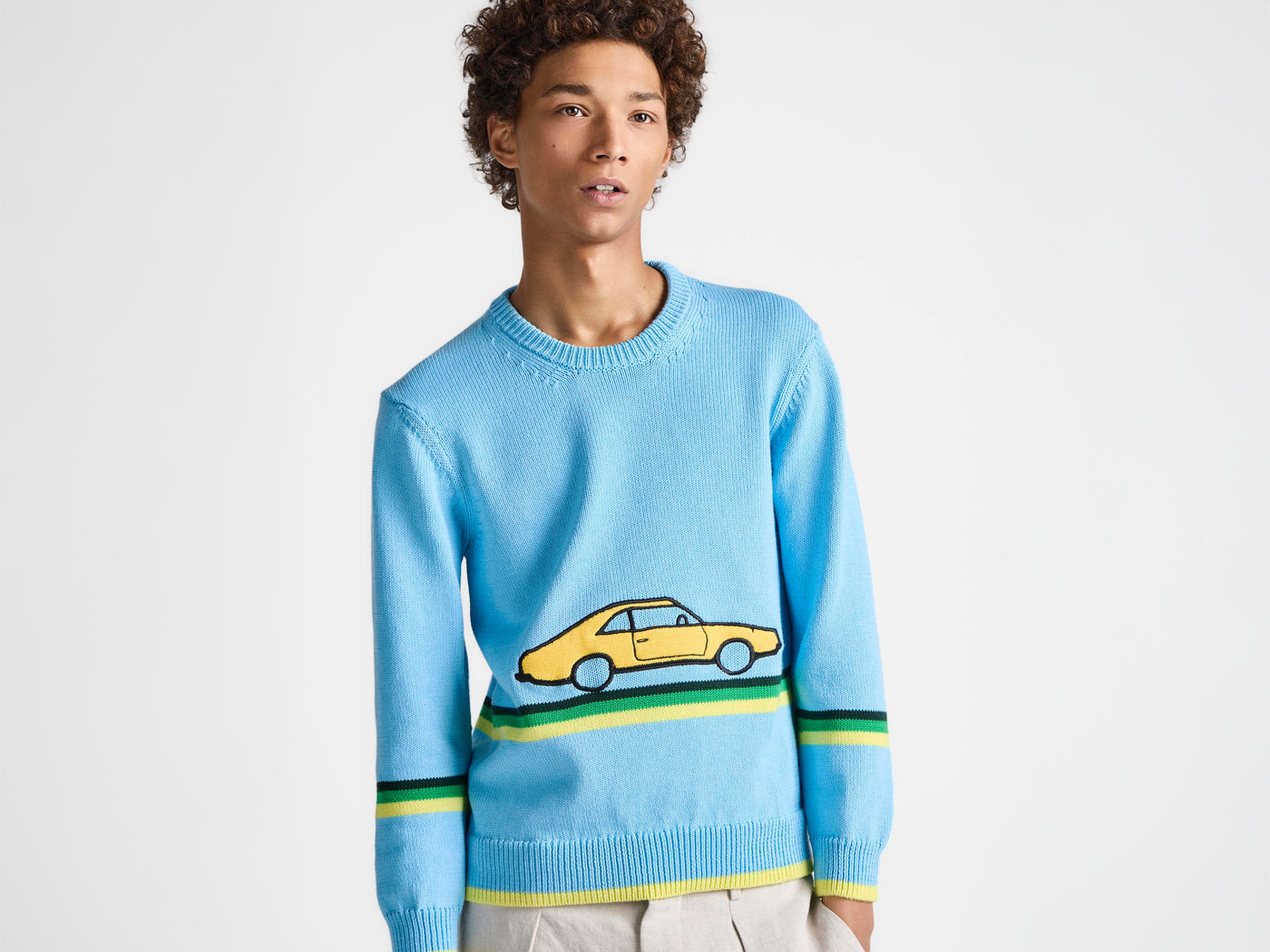 MENS CROCHETED CAR JUMPER IN SKY BLUE