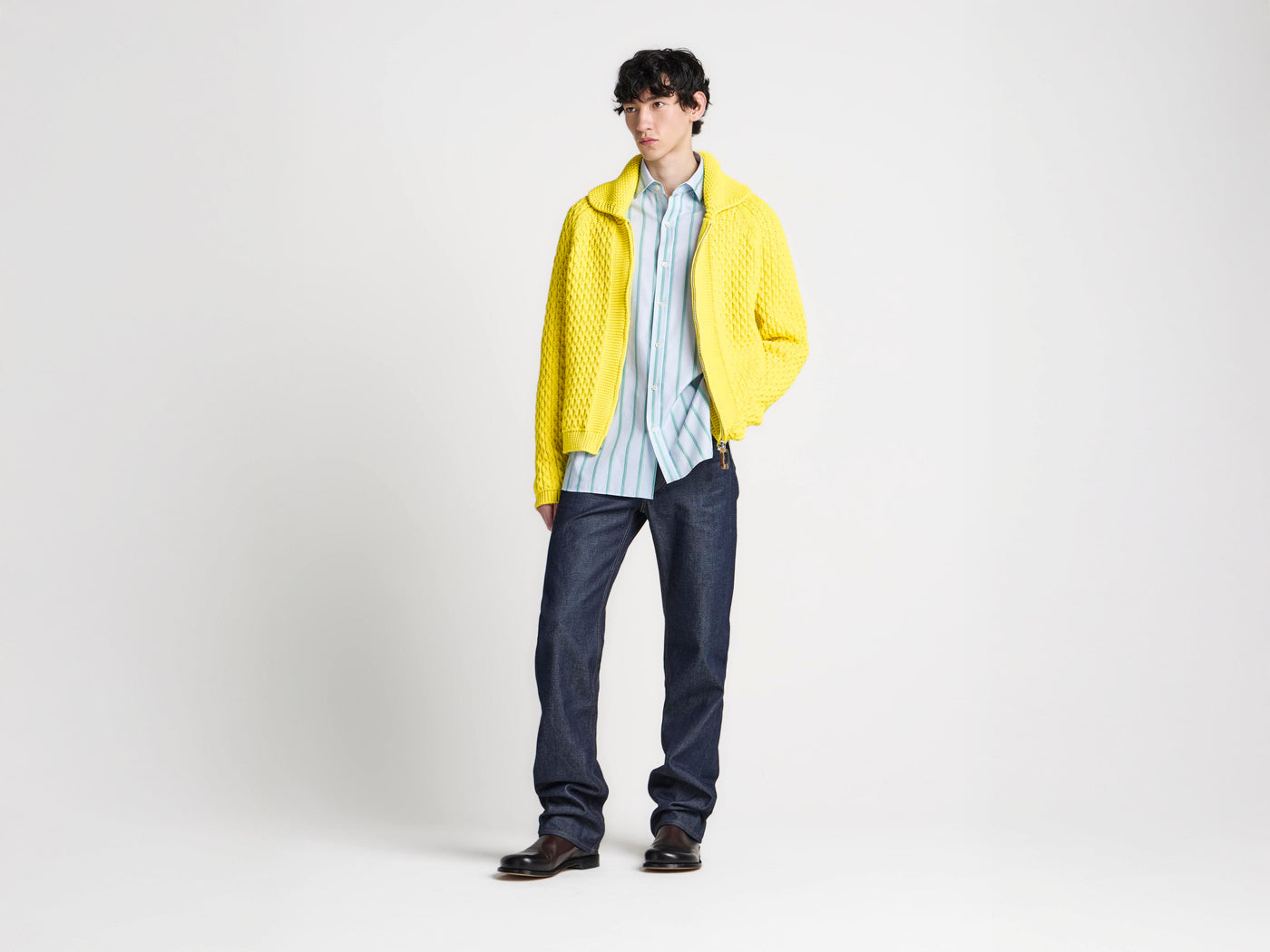 MENS CABLE FRONT ZIP JUMPER IN BRIGHT YELLOW
