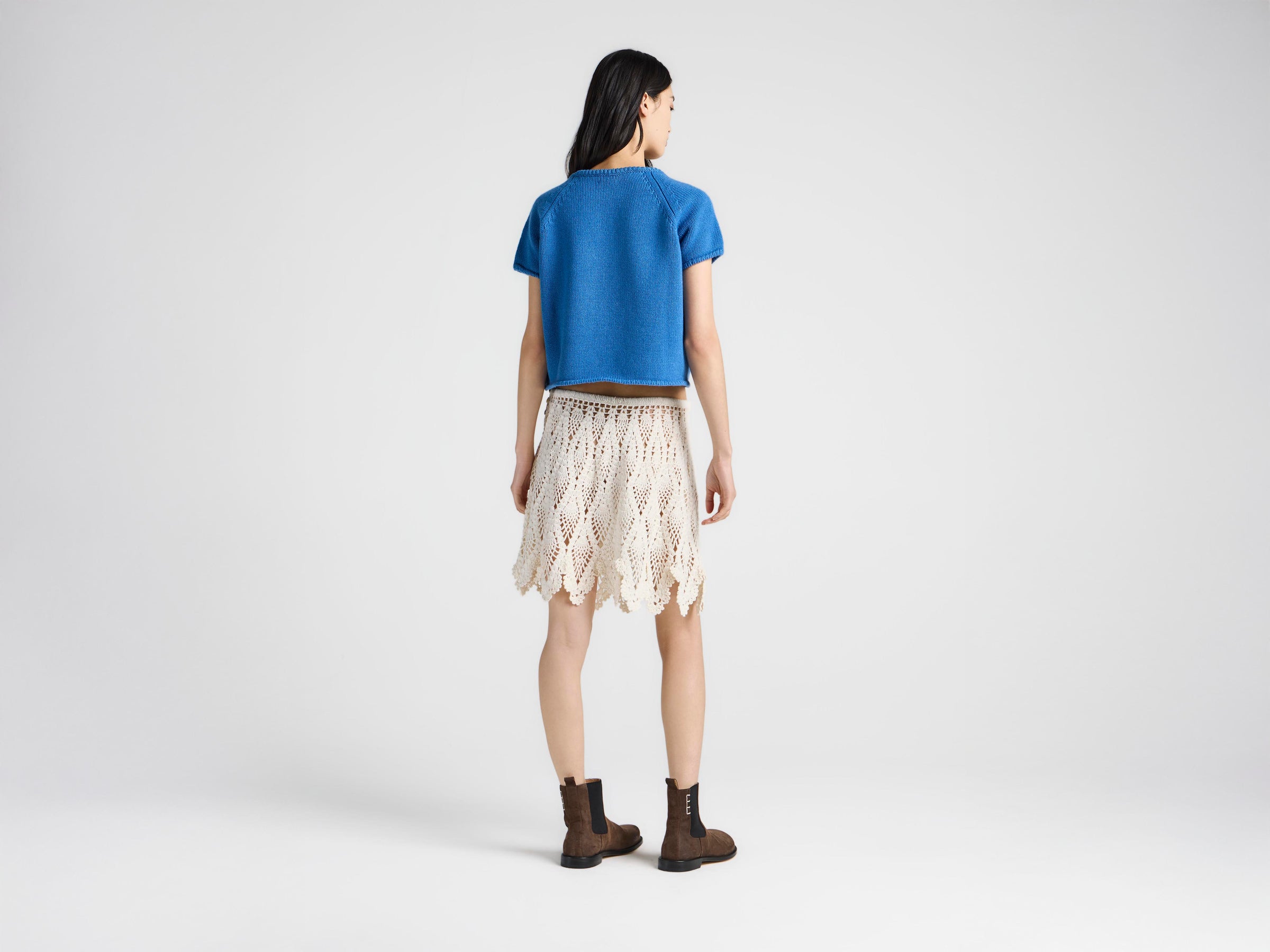 WOMENS KNITTED T-SHIRT IN CORNFLOWER BLUE