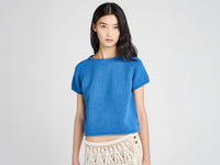 WOMENS KNITTED T-SHIRT IN CORNFLOWER BLUE
