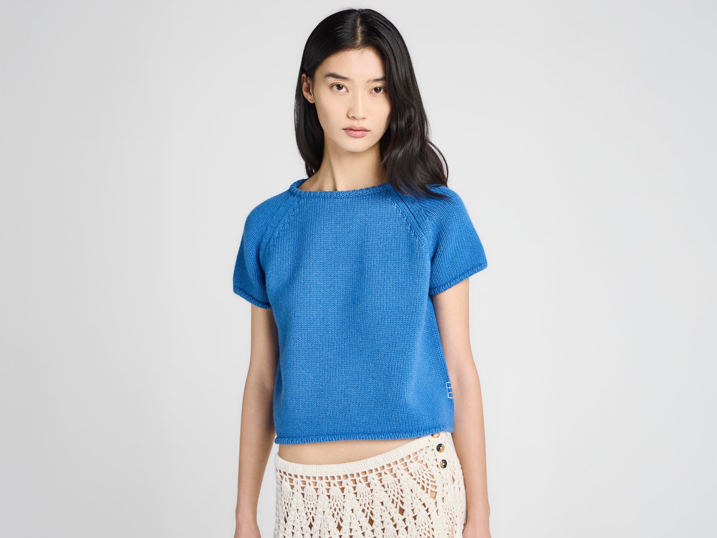 WOMENS KNITTED T-SHIRT IN CORNFLOWER BLUE
