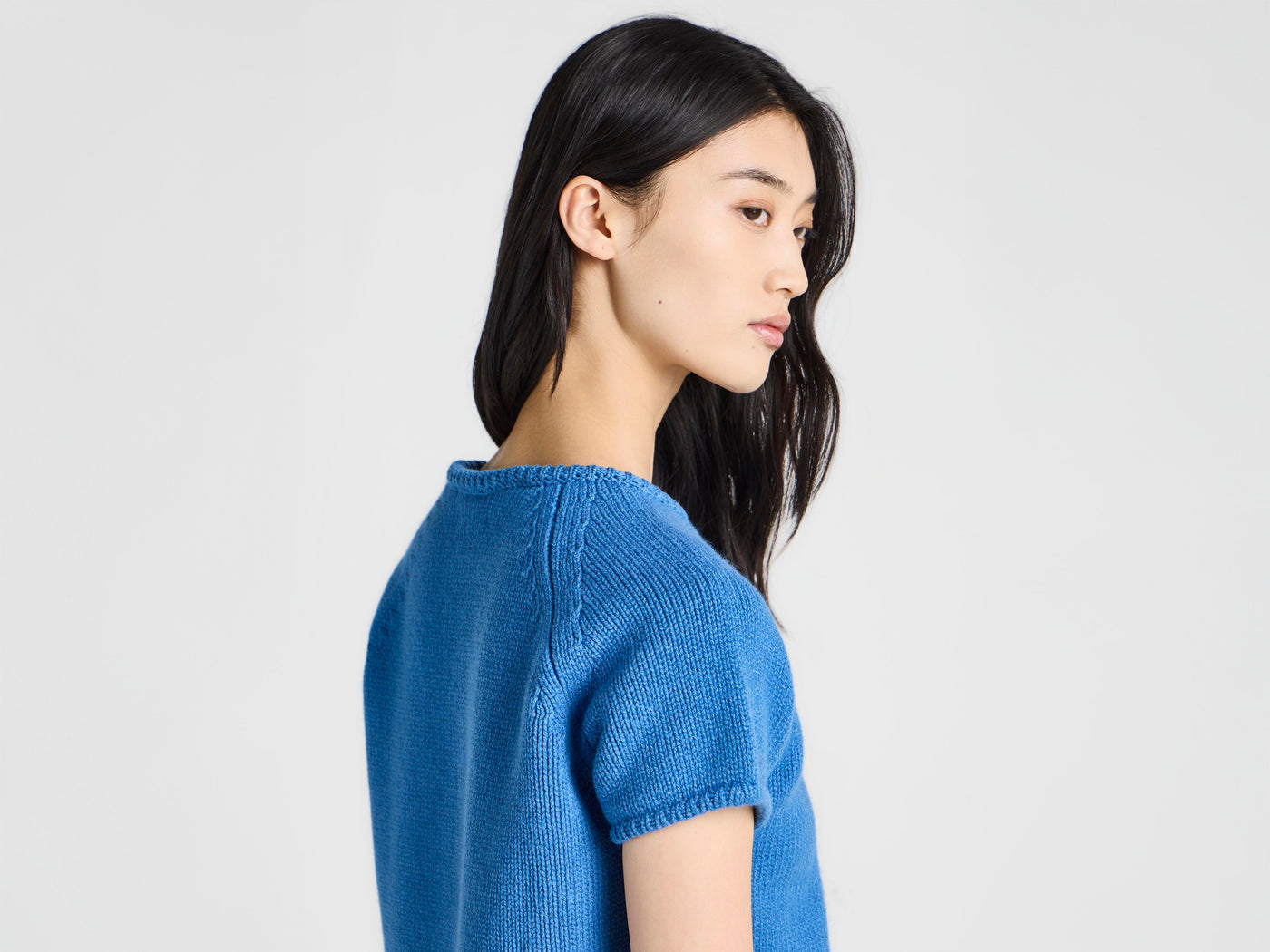 WOMENS KNITTED T-SHIRT IN CORNFLOWER BLUE