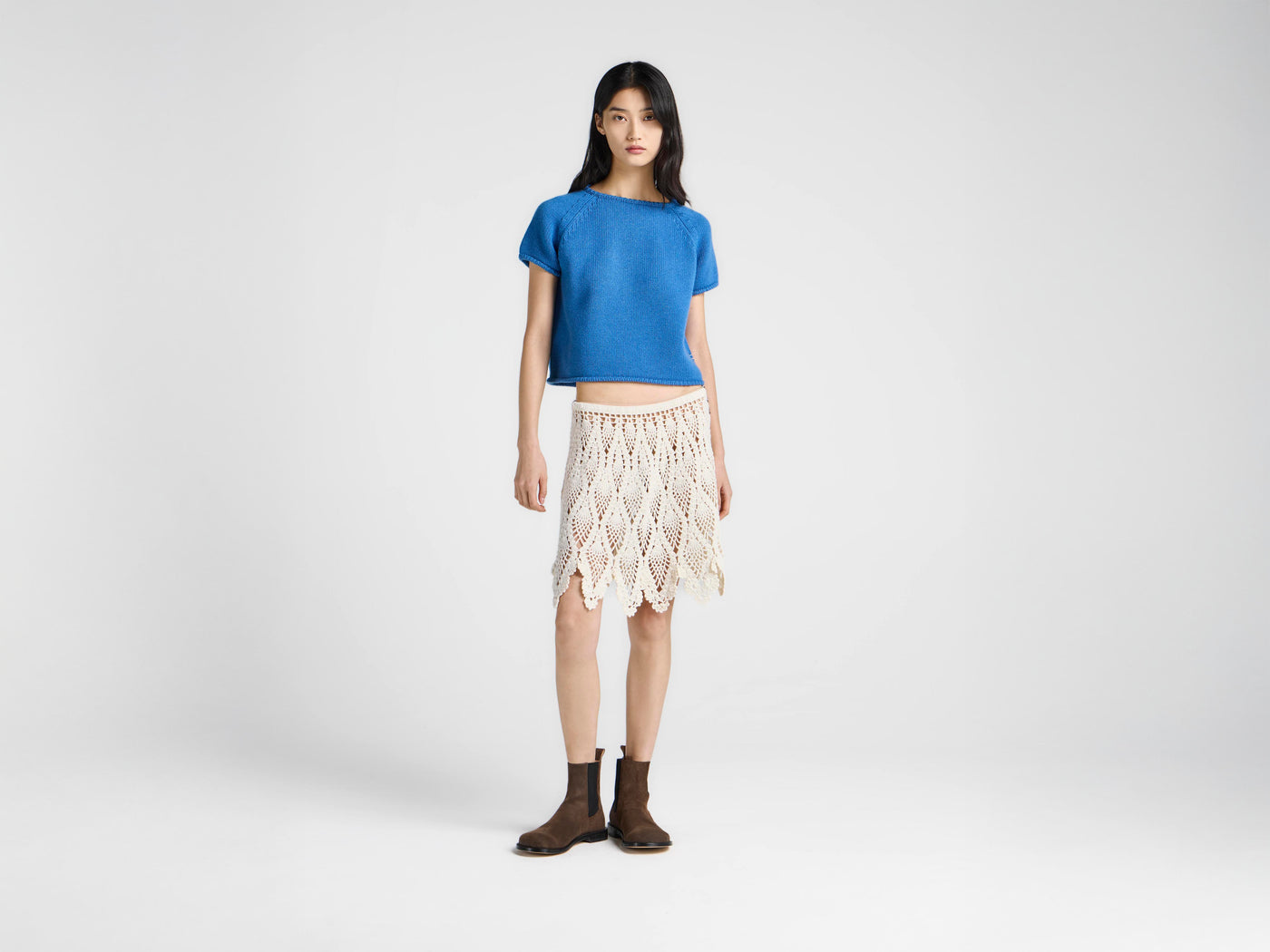 WOMENS KNITTED T-SHIRT IN CORNFLOWER BLUE