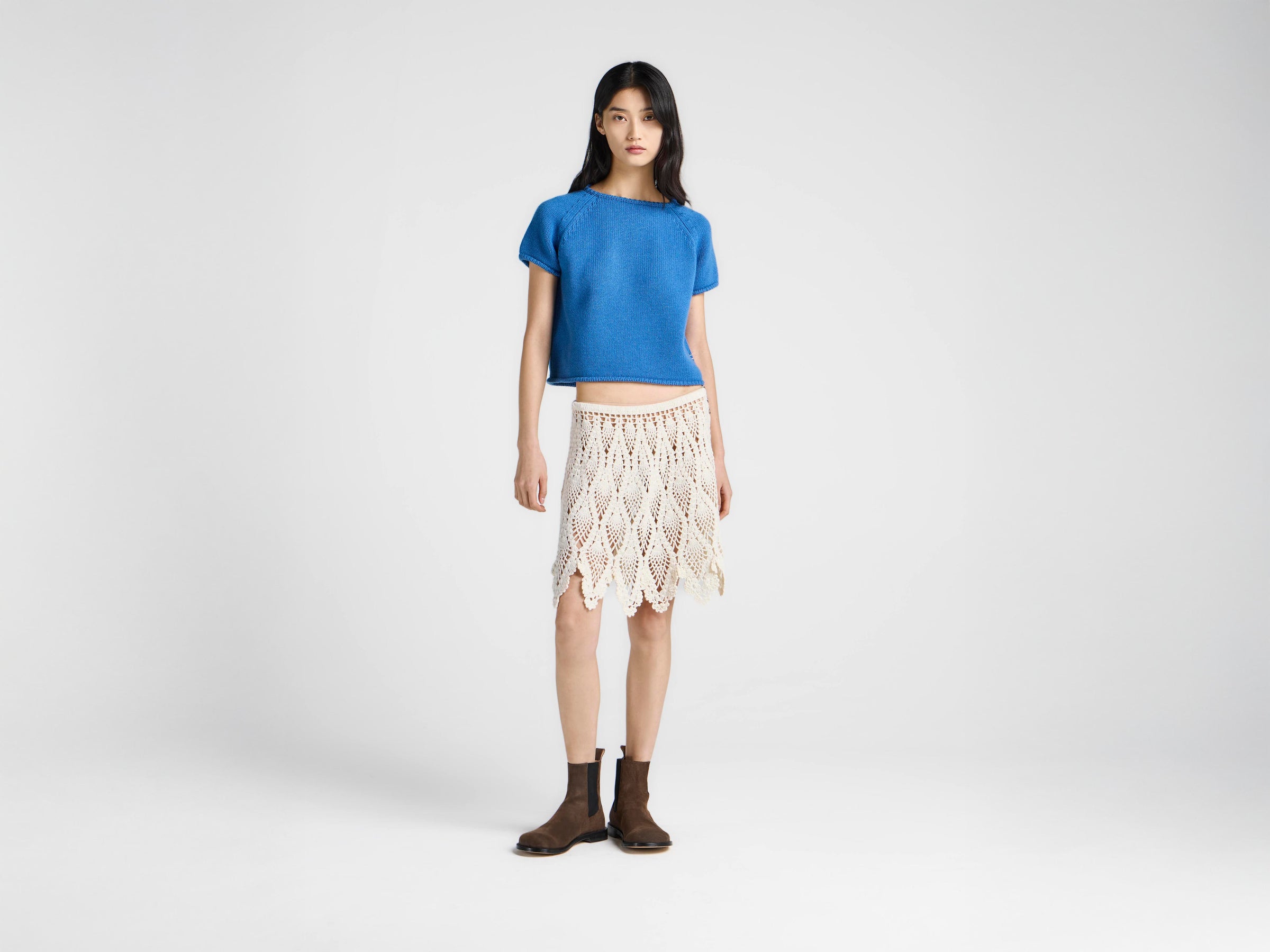 WOMENS KNITTED T-SHIRT IN CORNFLOWER BLUE