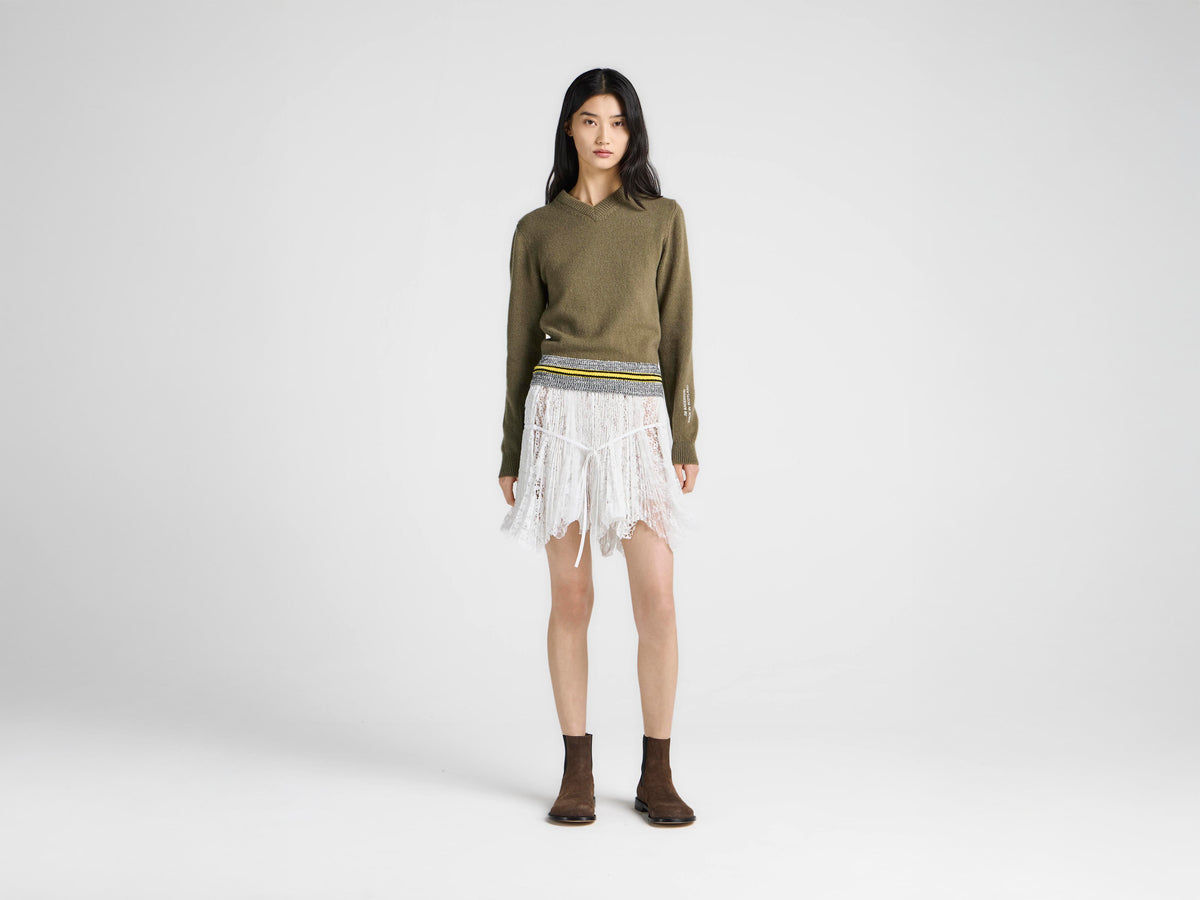 WOMENS CONTRAST TRIM V-NECK JUMPER IN KHAKI