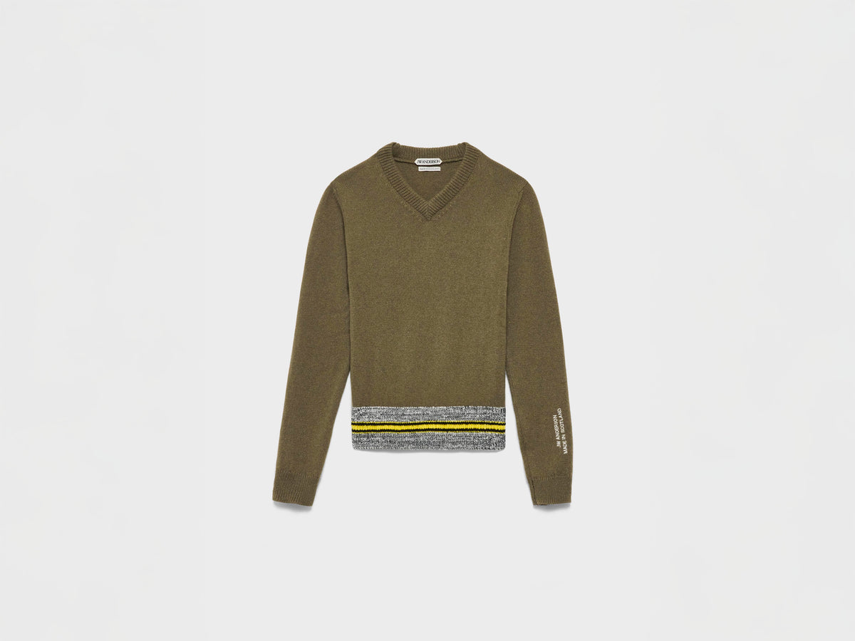 WOMENS CONTRAST TRIM V-NECK JUMPER IN KHAKI