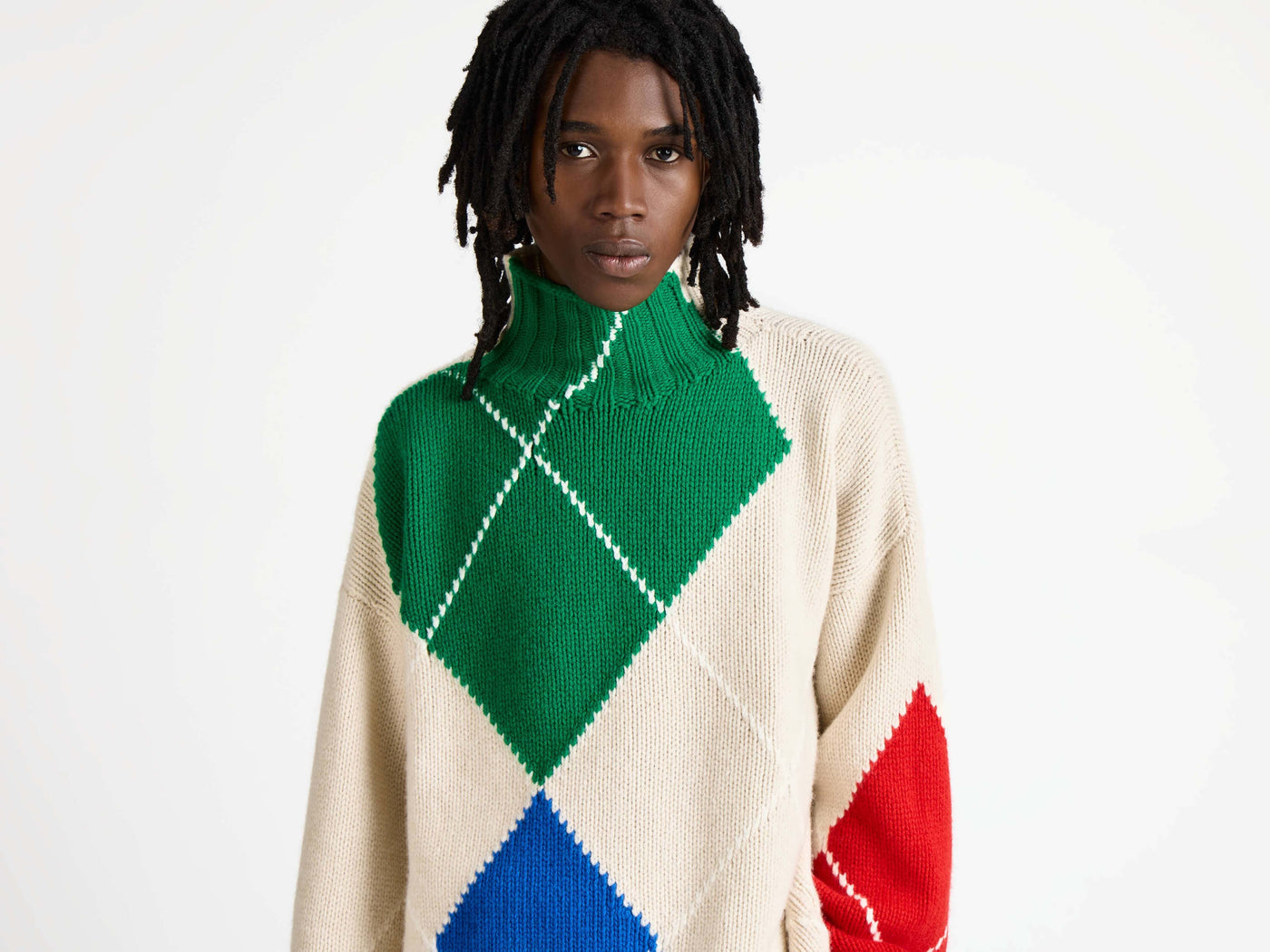 MENS JW ANDERSON X PRINGLE TURTLE-NECK ARGYLE JUMPER IN NATURAL
