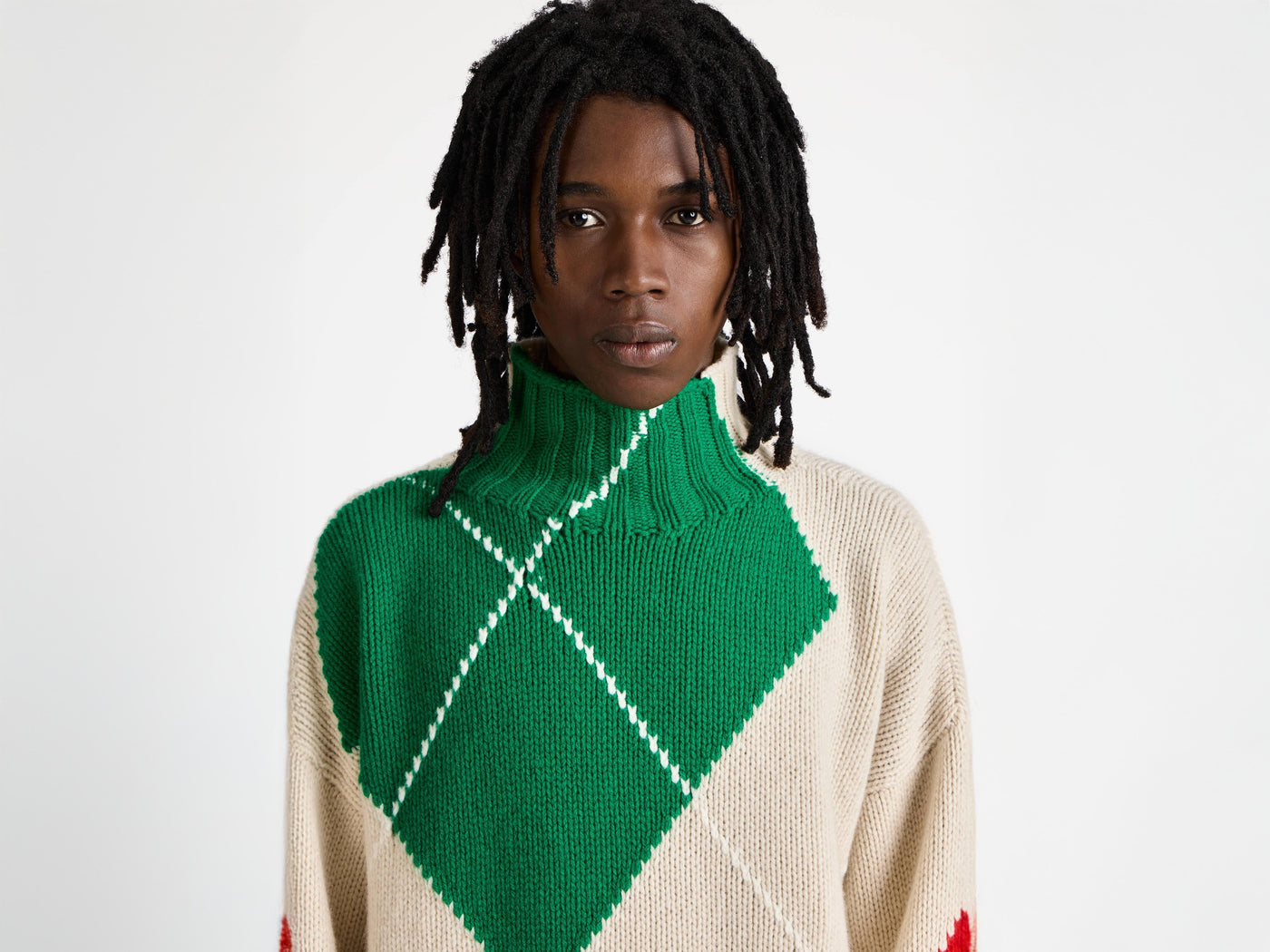 MENS JW ANDERSON X PRINGLE TURTLE-NECK ARGYLE JUMPER IN NATURAL