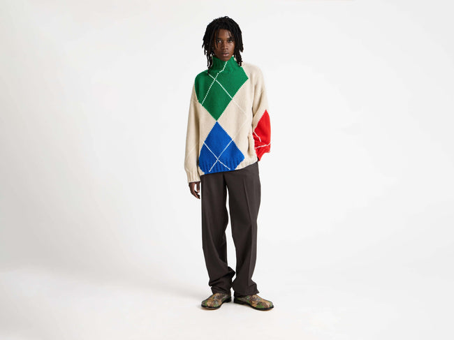 MENS JW ANDERSON X PRINGLE TURTLE-NECK ARGYLE JUMPER IN NATURAL