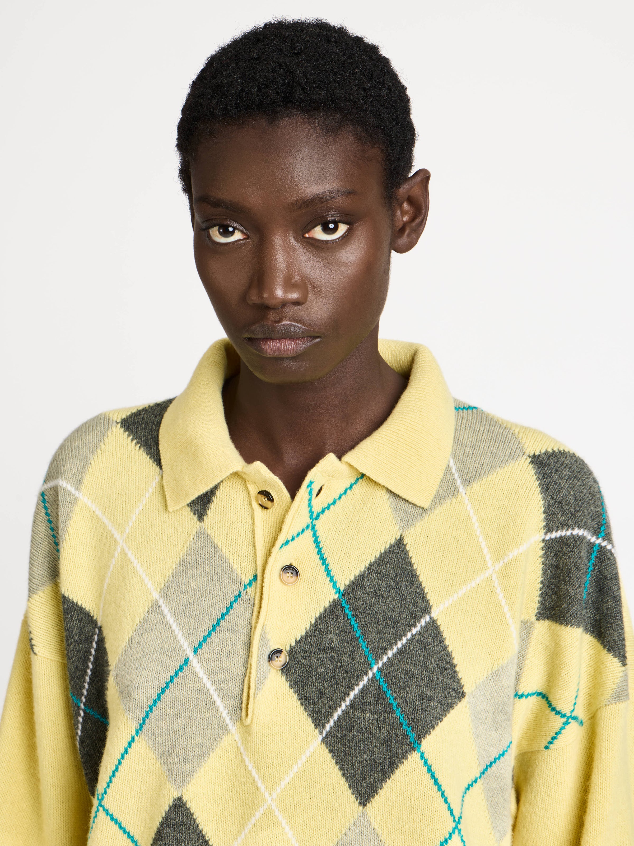 WOMENS JW ANDERSON X PRINGLE KNITTED ARGYLE POLO TOP IN SOFT YELLOW in SOFT LEMON KW1551YN0470226XS | JW Anderson US WOMENS JW ANDERSON X PRINGLE KNITTED ARGYLE POLO TOP IN SOFT YELLOW in SOFT LEMON KW1551YN0470226XS | JW Anderson US