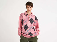 WOMENS JW ANDERSON X PRINGLE KNITTED ARGYLE POLO TOP IN BUBBLEGUM