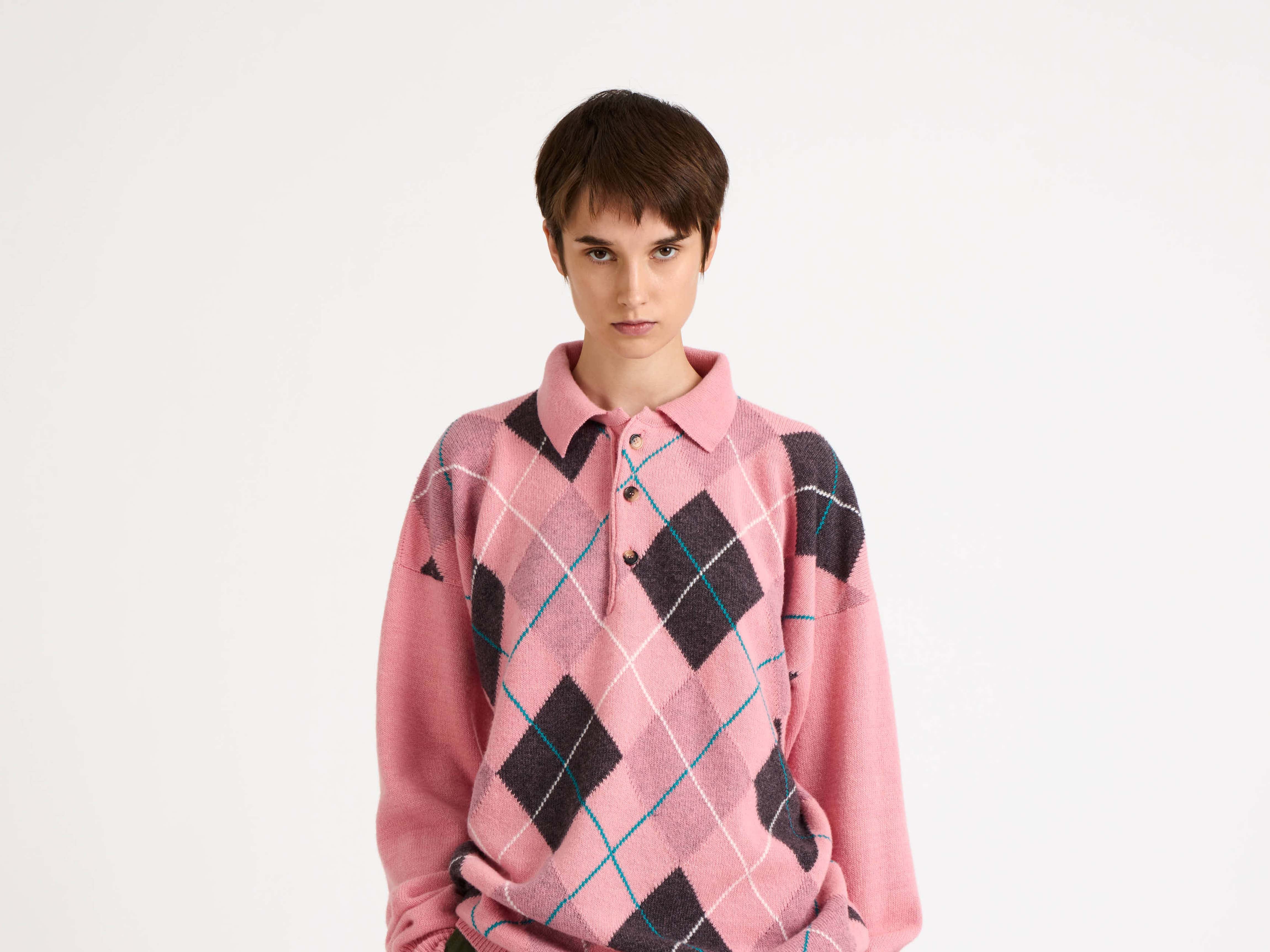 WOMENS JW ANDERSON X PRINGLE KNITTED ARGYLE POLO TOP IN BUBBLEGUM