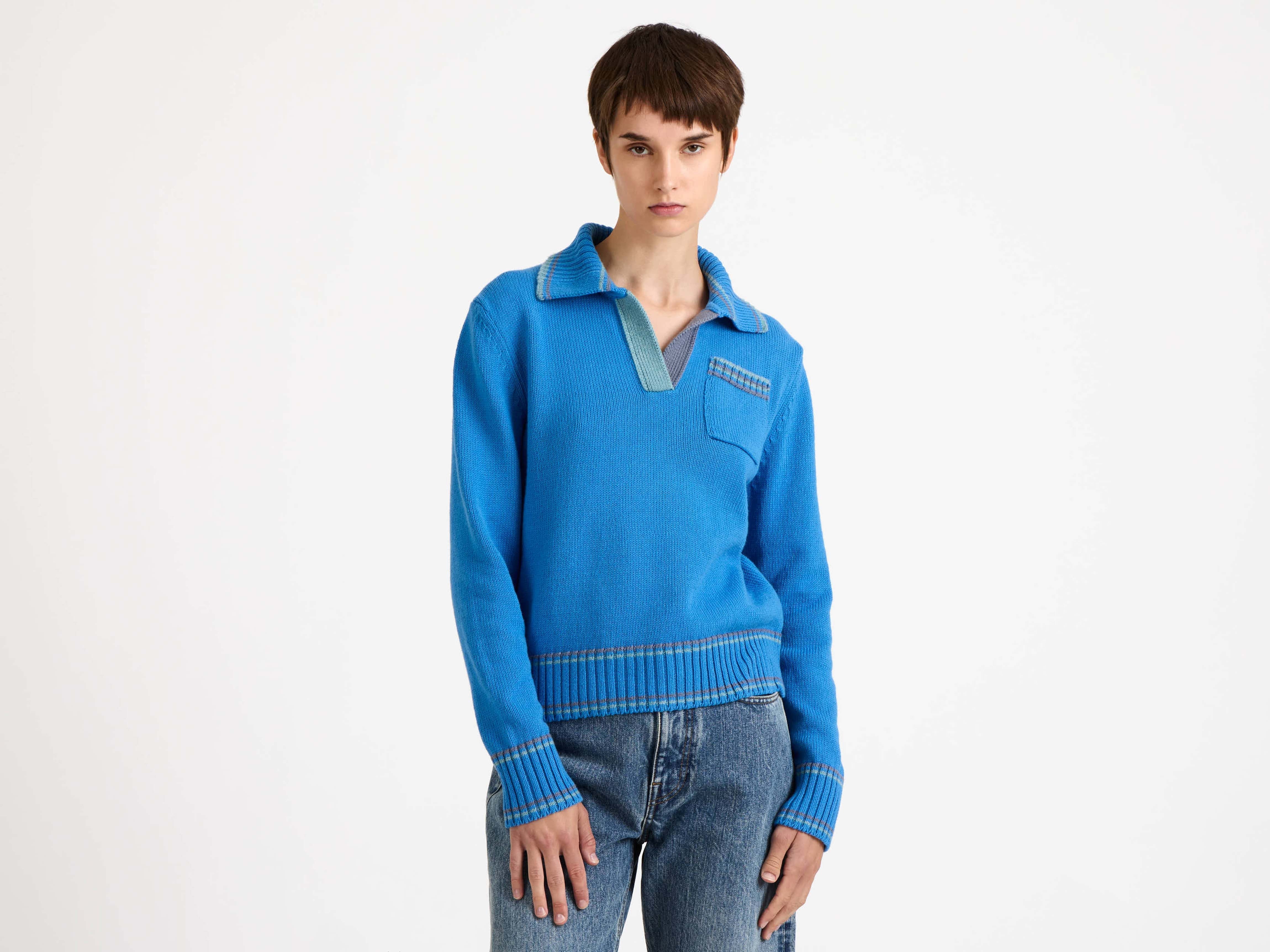 WOMENS SHRUNKEN POLO JUMPER IN CORNFLOWER BLUE in CORNFLOWER BLUE