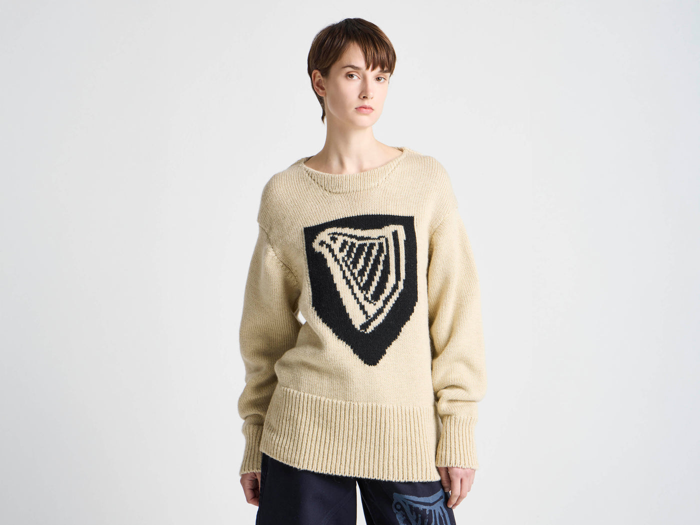 Unisex JW ANDERSON X GUINNESS SHIELD HARP JUMPER IN IVORY