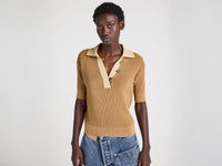 WOMENS KNITTED POLO TOP IN BUTTERSCOTCH